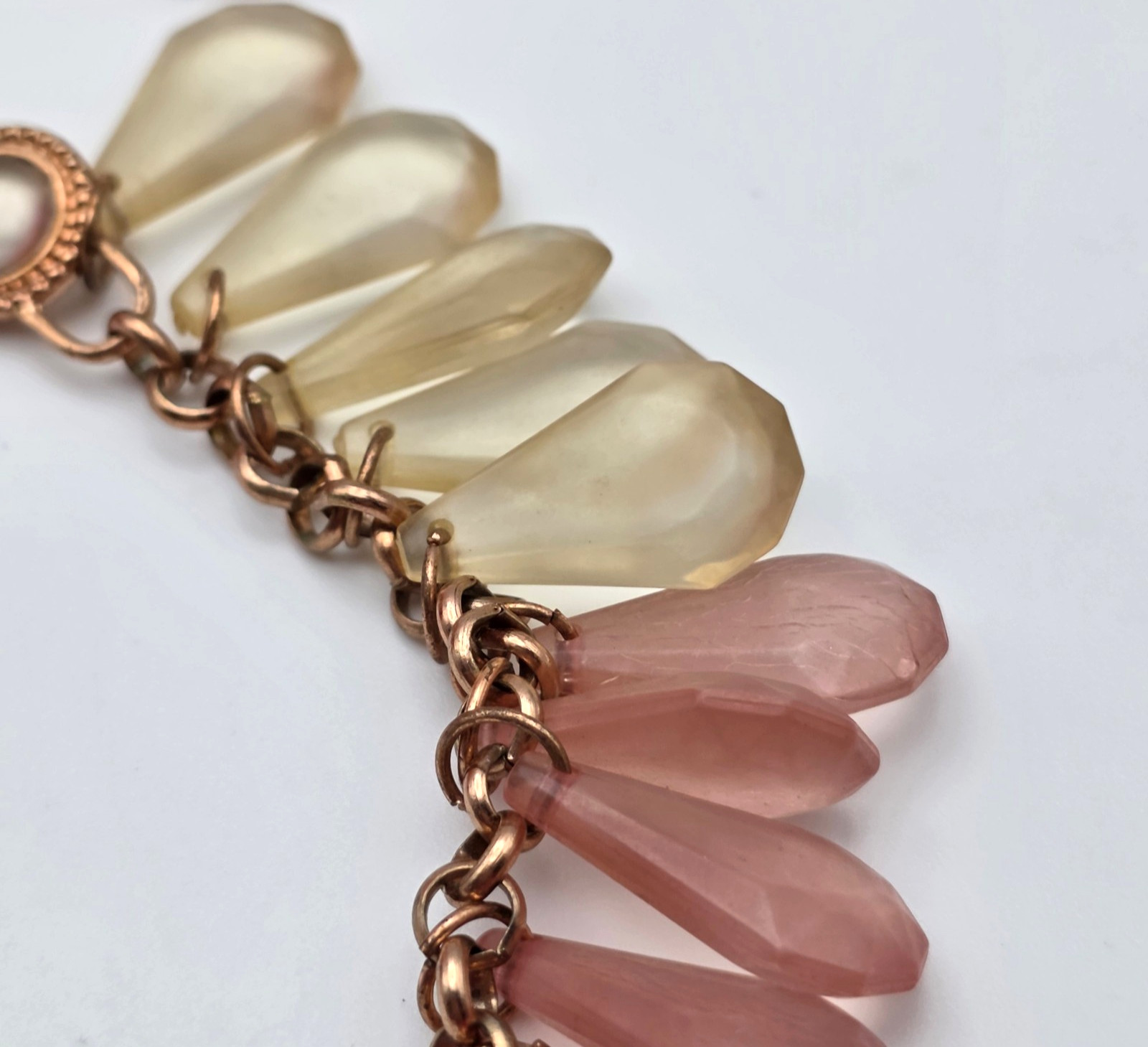 Pink Purple Blush Clear Lucite Fringe Statement Necklace Rose Gold Coldwater 34″