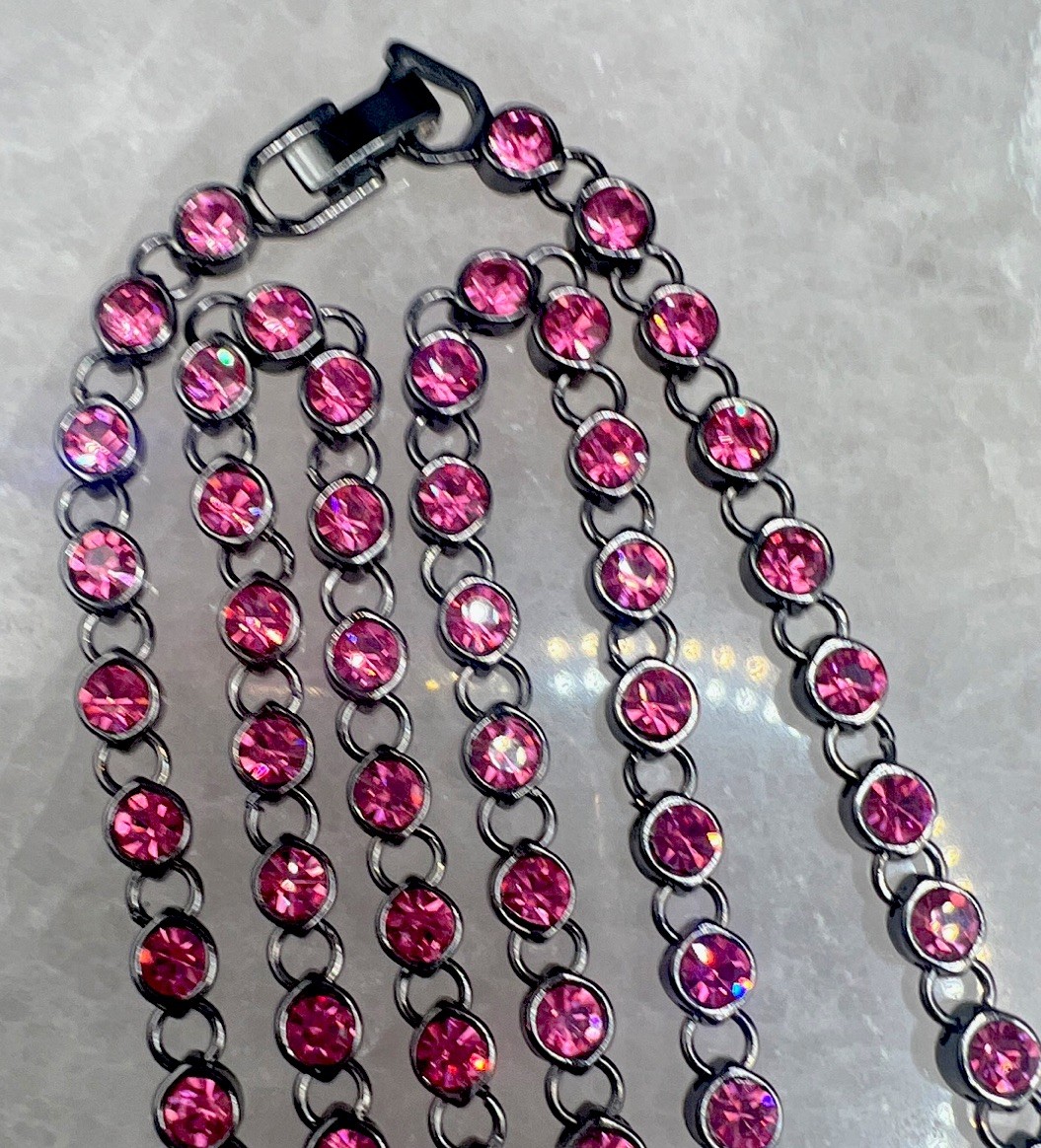 Pink Simulated Crystal Station Chain Necklace Dark Silver Tone Lobster Clasp 48”