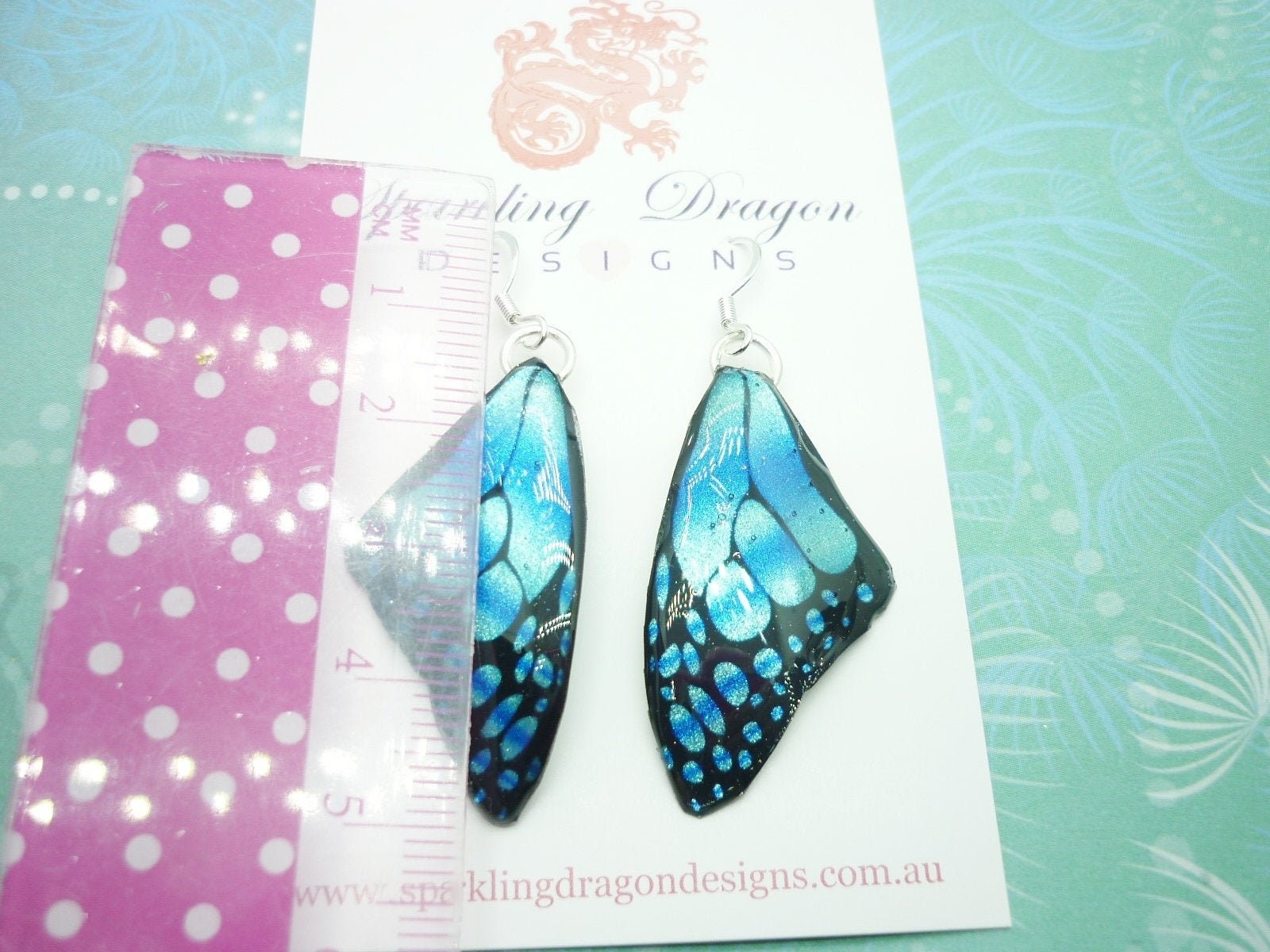 Butterfly Wing Medium Size Earrings Blue Stained Glass- Fairy Jewellery, Fairy