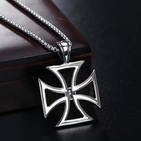 Mens Silver Iron Cross Knights Templar Pendant Necklace Punk Jewelry Chain 24″