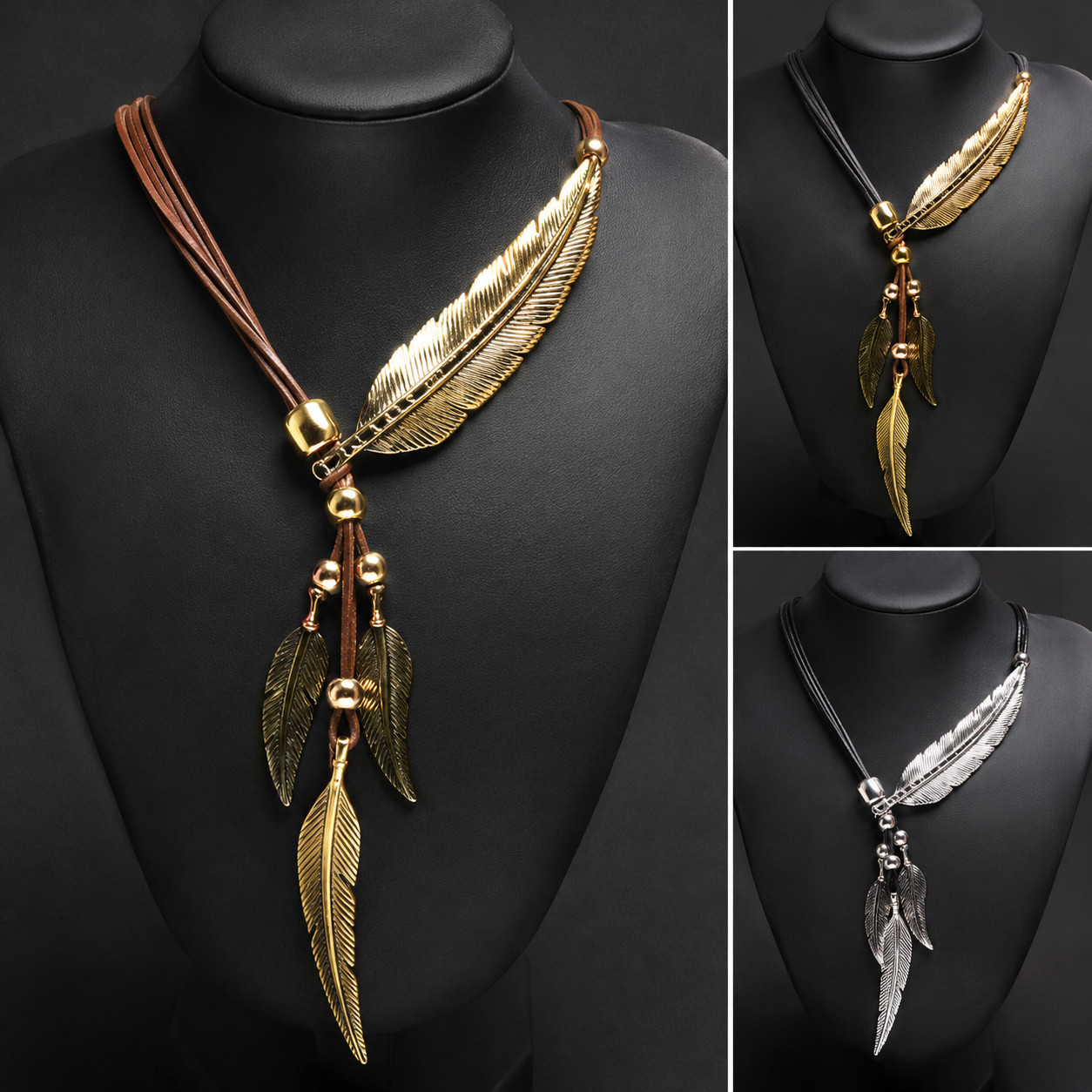 New Rope Chain Leaf Feather Pattern Pendant South Western Rhinestones Necklace