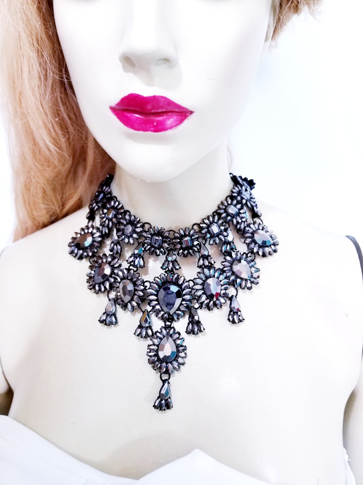 Charcoal Gray Statement Choker Rhinestone Necklace Bridal Prom Pageant Gothic