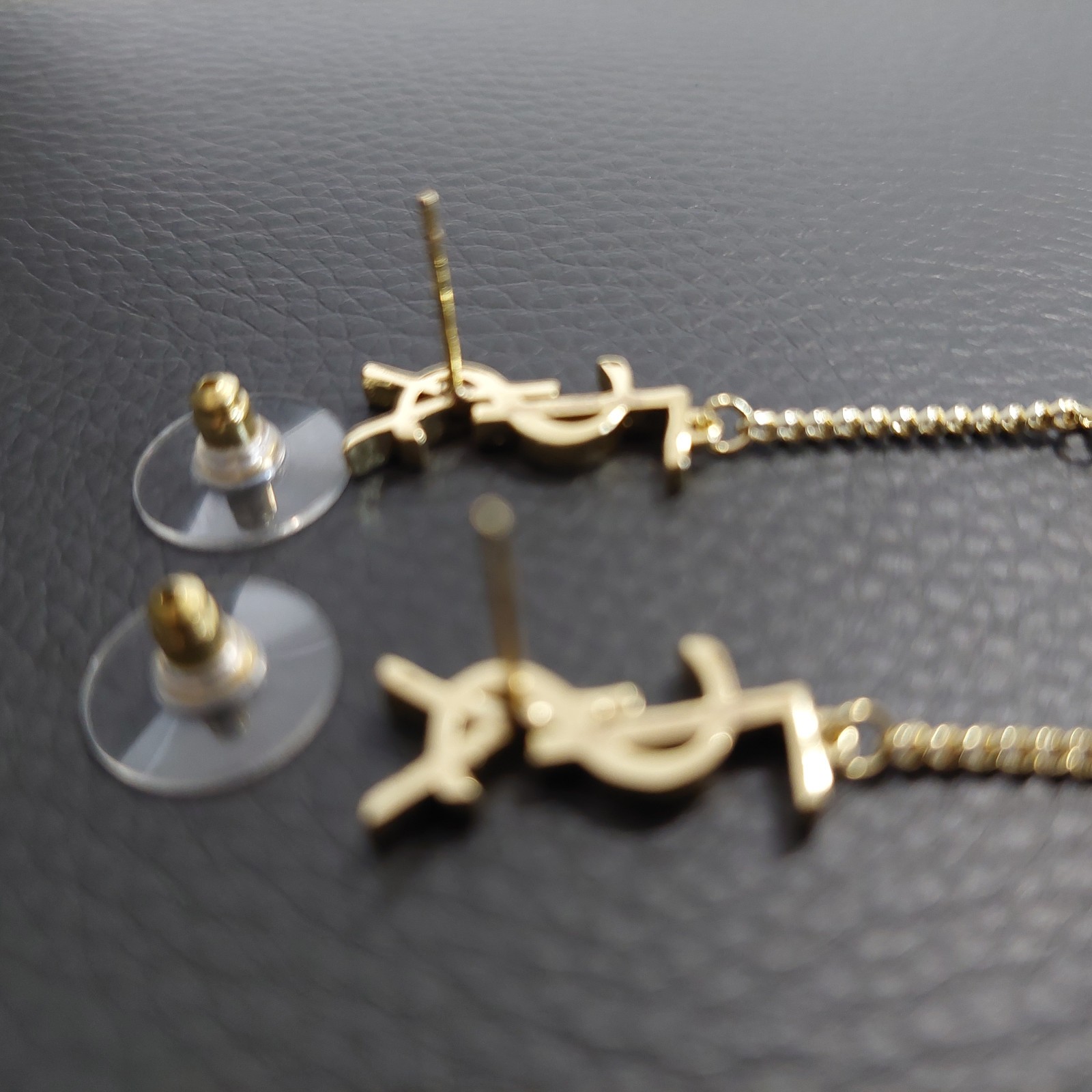Auth YVES SAINT LAURENT YSL Crystal LOGO Long Chain Drop EARRINGS Gold T G2U