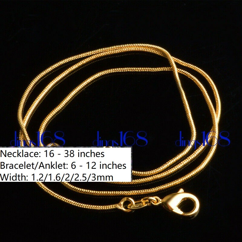 18K Yellow Gold Filled Classic Round Snake Chain Necklace 16-38″ * 1.2/1.6/2/3mm