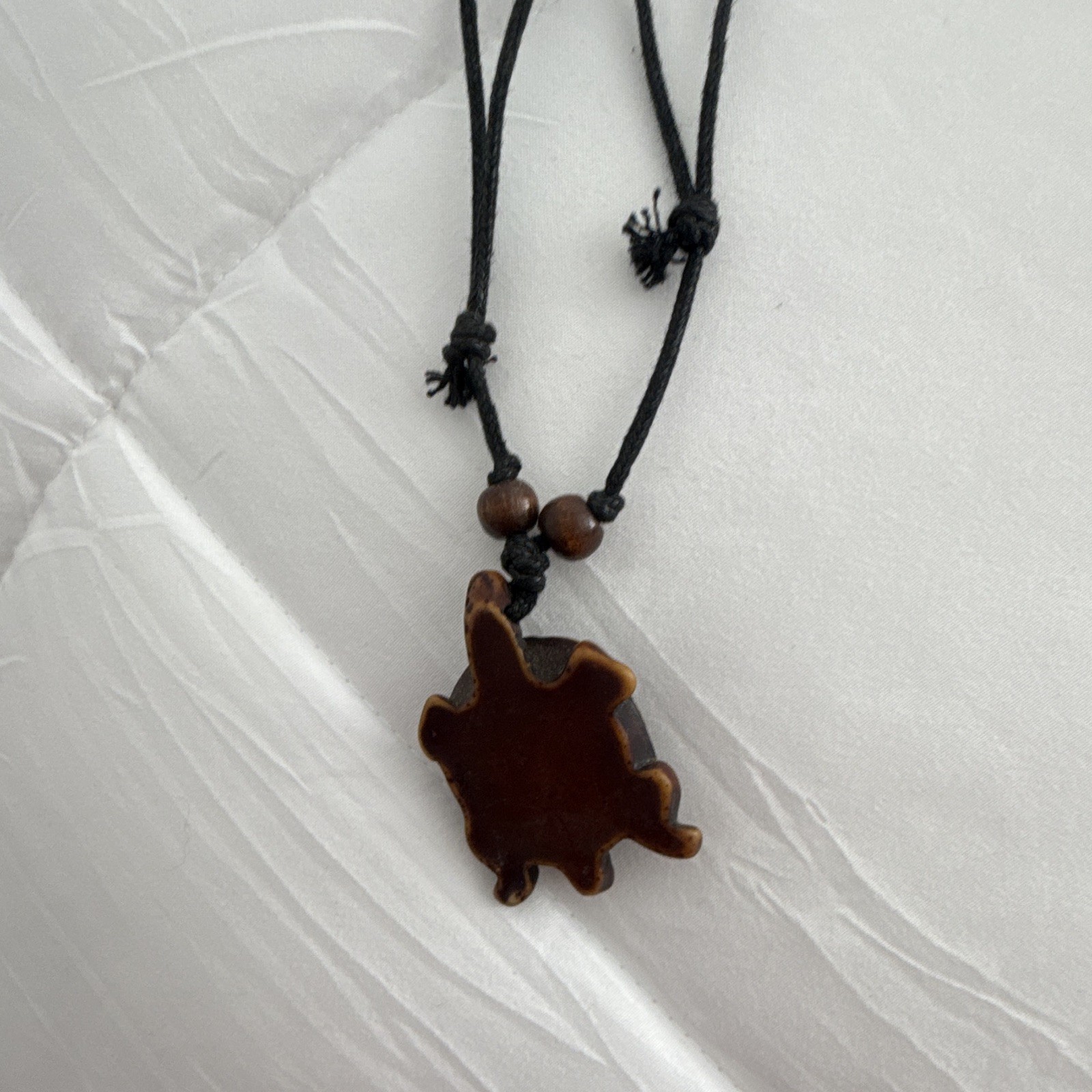 Adjustable Black Cord Beaded Necklace with Brown Wood Turtle Charm Pendant