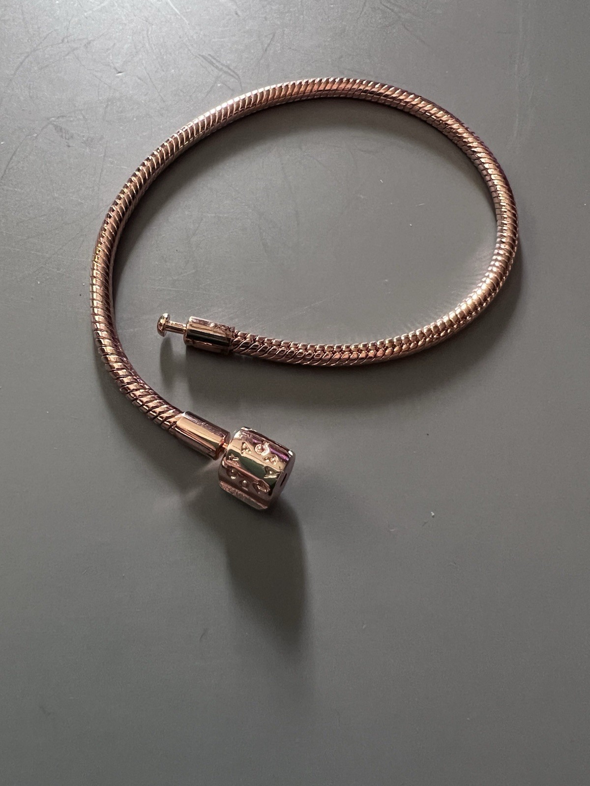 Rose Gold Tone Snake Chain Charm Bracelet 8 in Barrel Clasp Rose Gold Plated