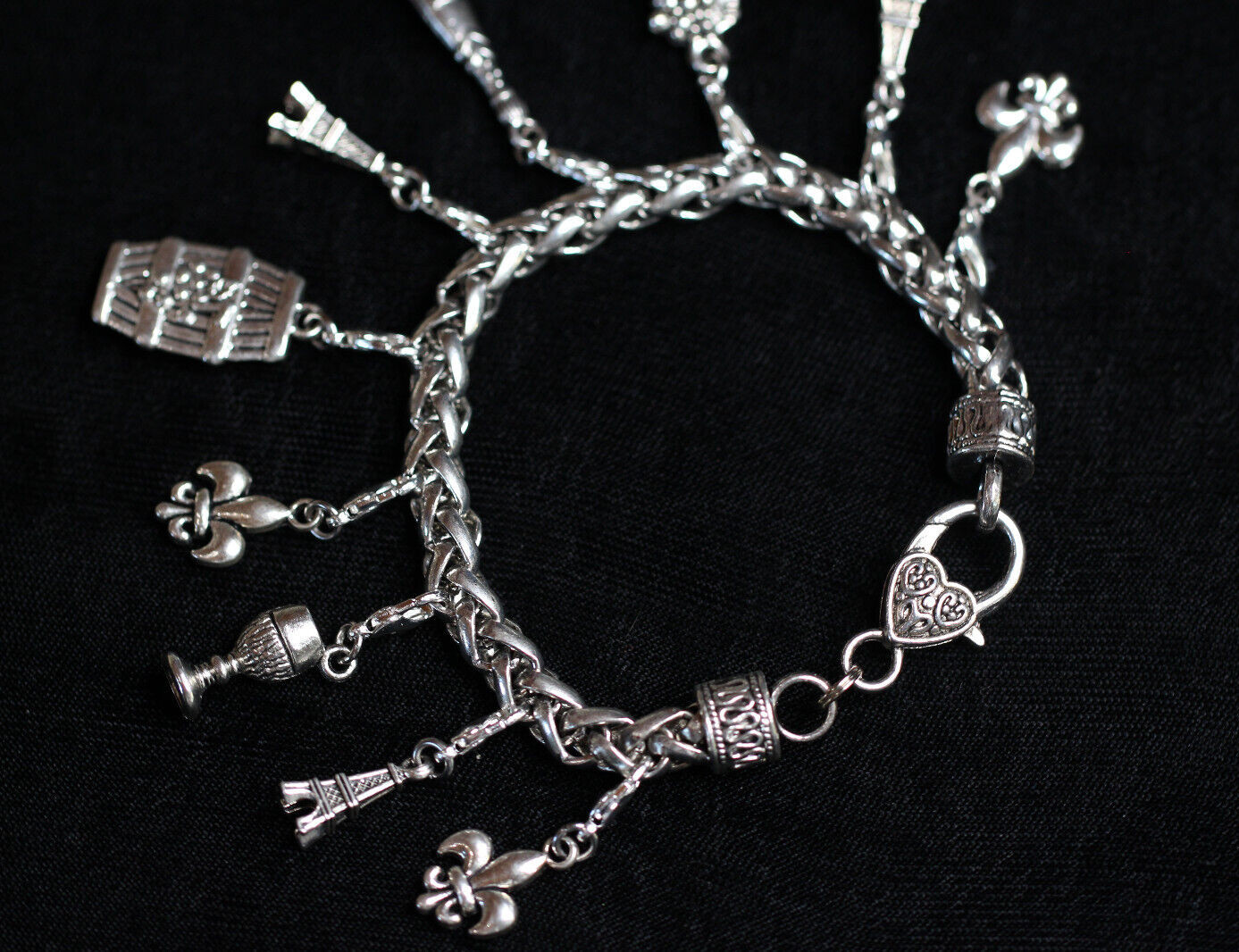Paris Wine Lover Charm Bracelet Silver Pewter Charms 8″ Interchangeable Eiffel