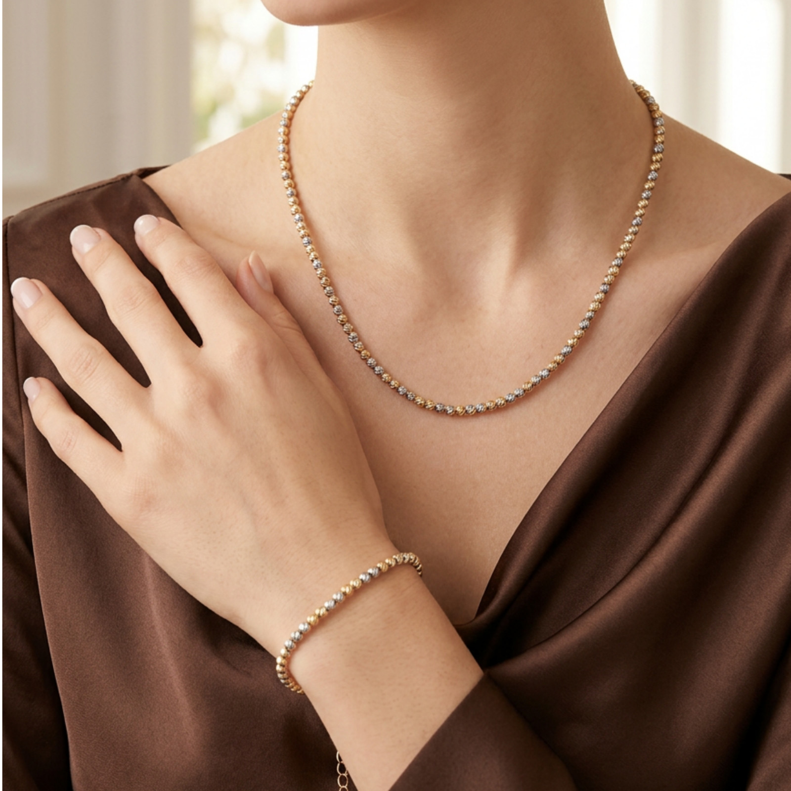 Mixed Metal Necklace Bracelet Set Gold Silver Stainless Steel Gift For Her