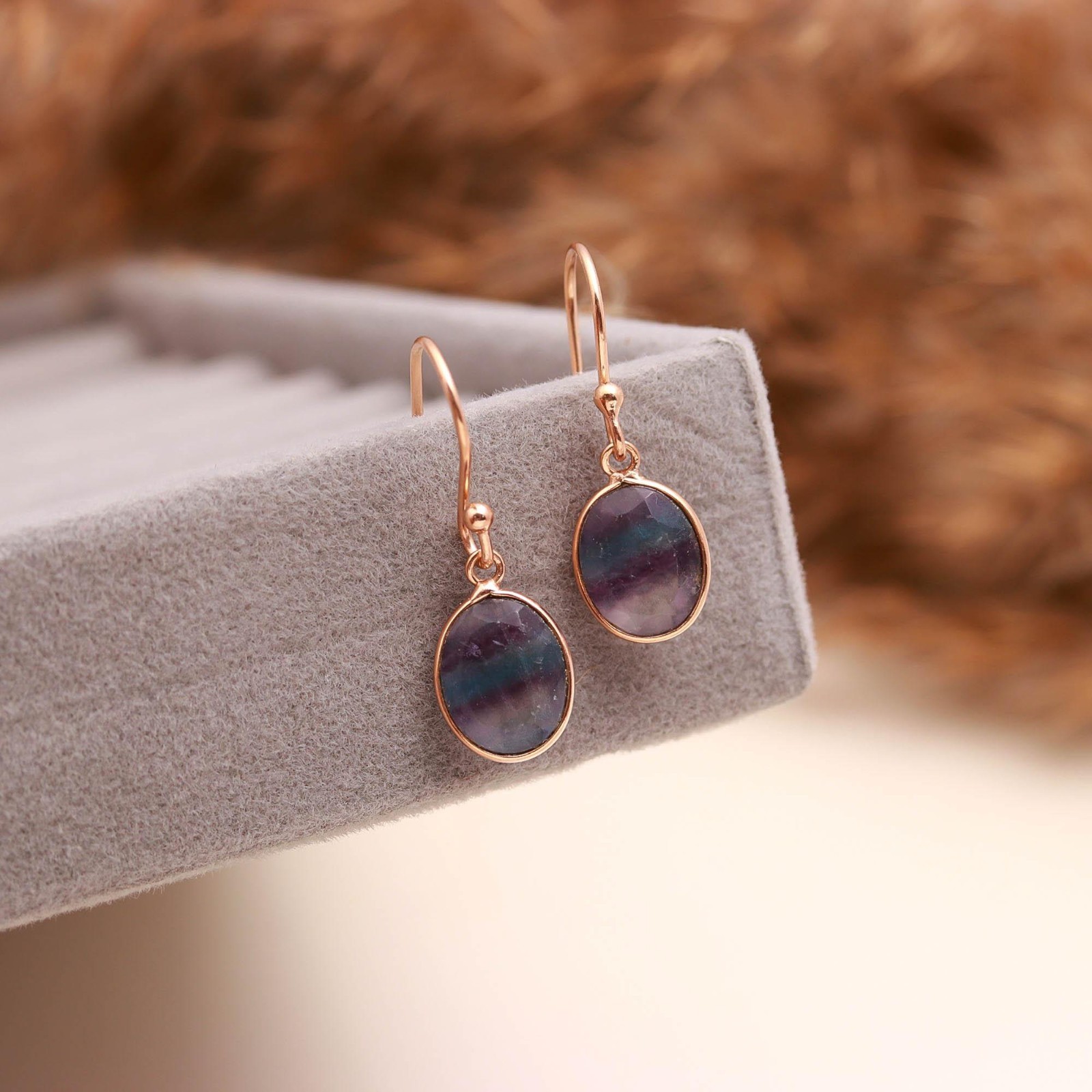 Natural Fluorite Oval Dangle Earrings Rose Gold Fill 925 Sterling Silver Jewelry