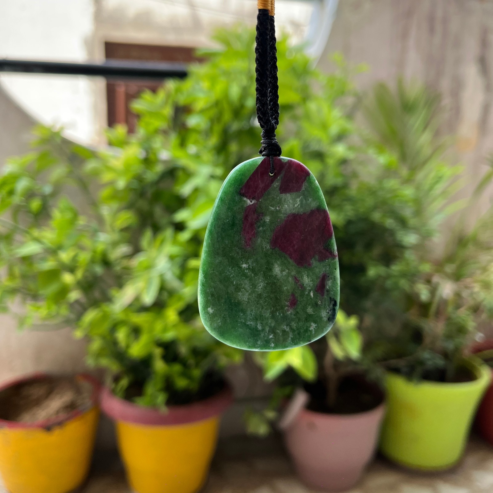 Ruby Zoisite Necklace Anyolite Crystal Pendant Adjustable Cord Healing Stone