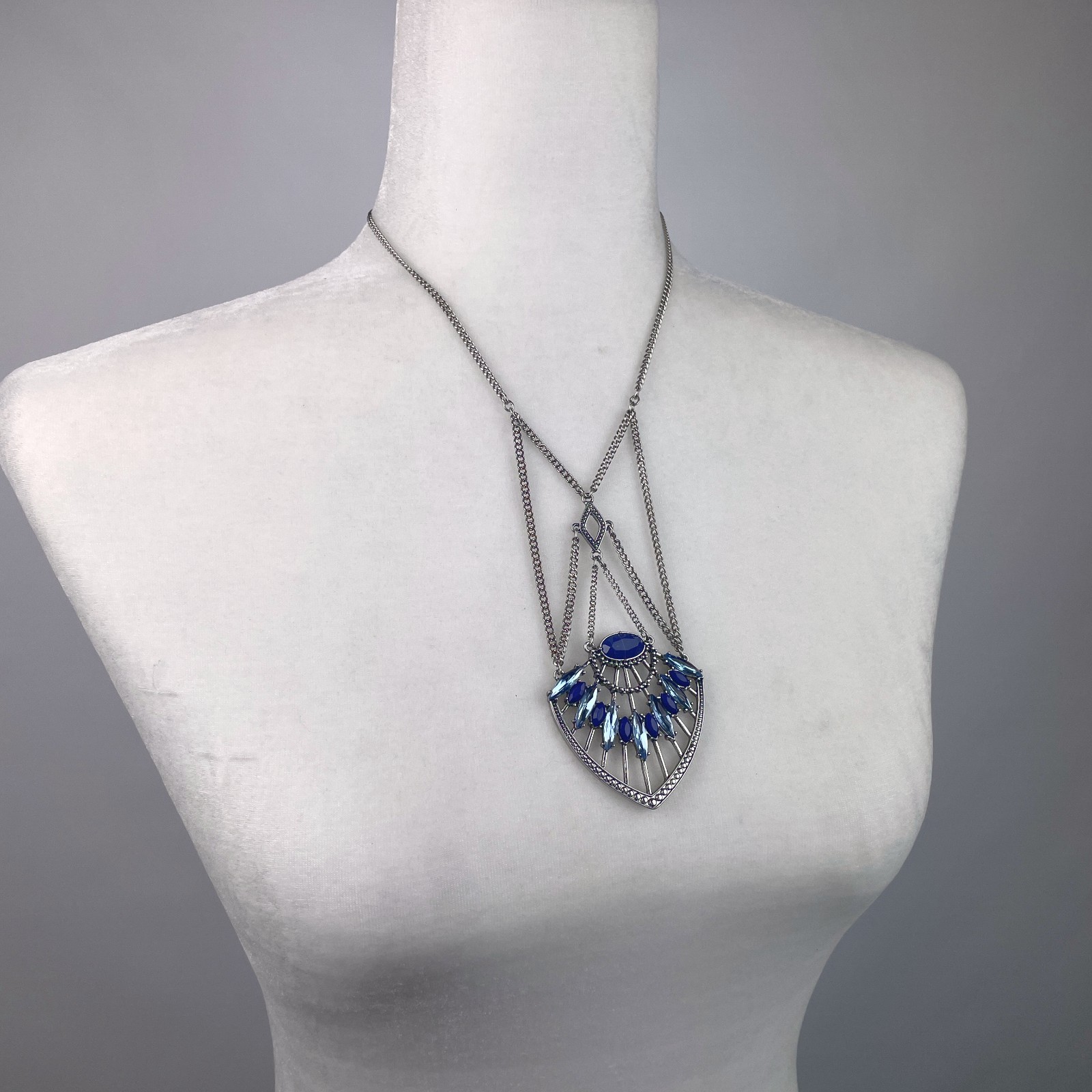 Blue Rhinestone Statement Pendant 23″ Necklace Multi Layer Cable Chain Boho