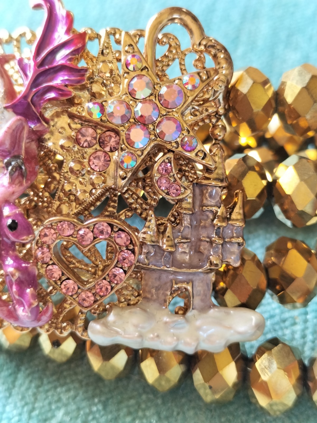 Kirks Folly Bracelet, Dragon & Castle Gold Stretchy Bead Bracelet Fairytale