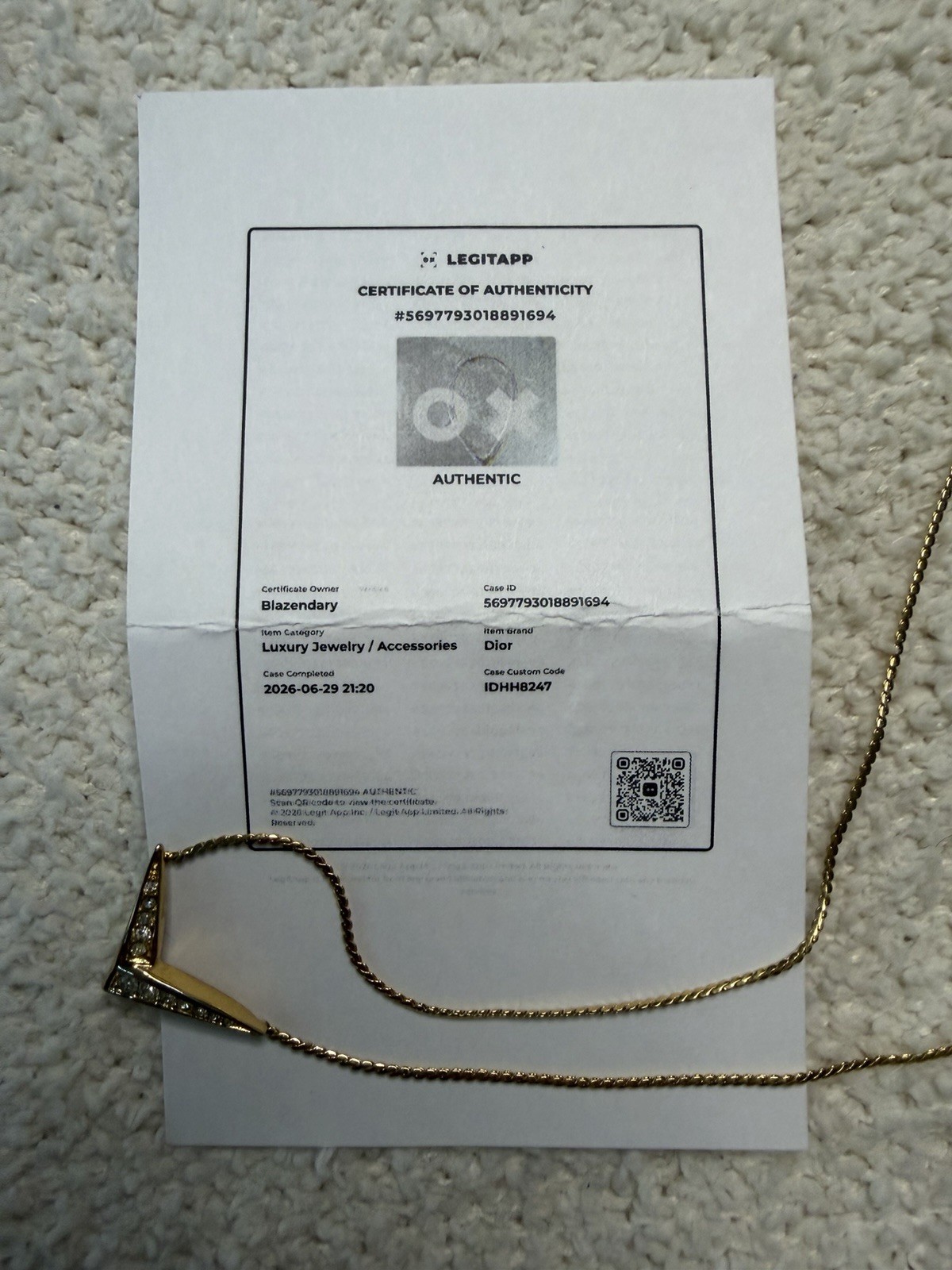 Vintage Christian Dior Signed Gold Tone Chevron V Pendant Rhinestone Necklace