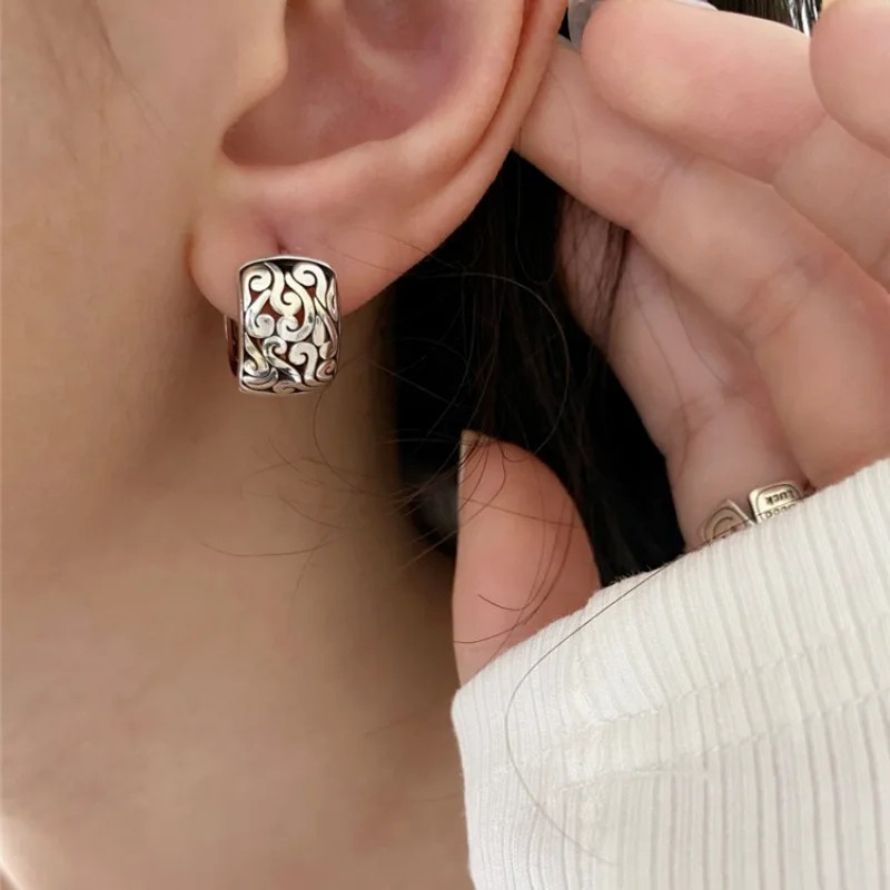 Fashion Women’s Earrings Sterling Silver Retro Filigree Oriental Huggie