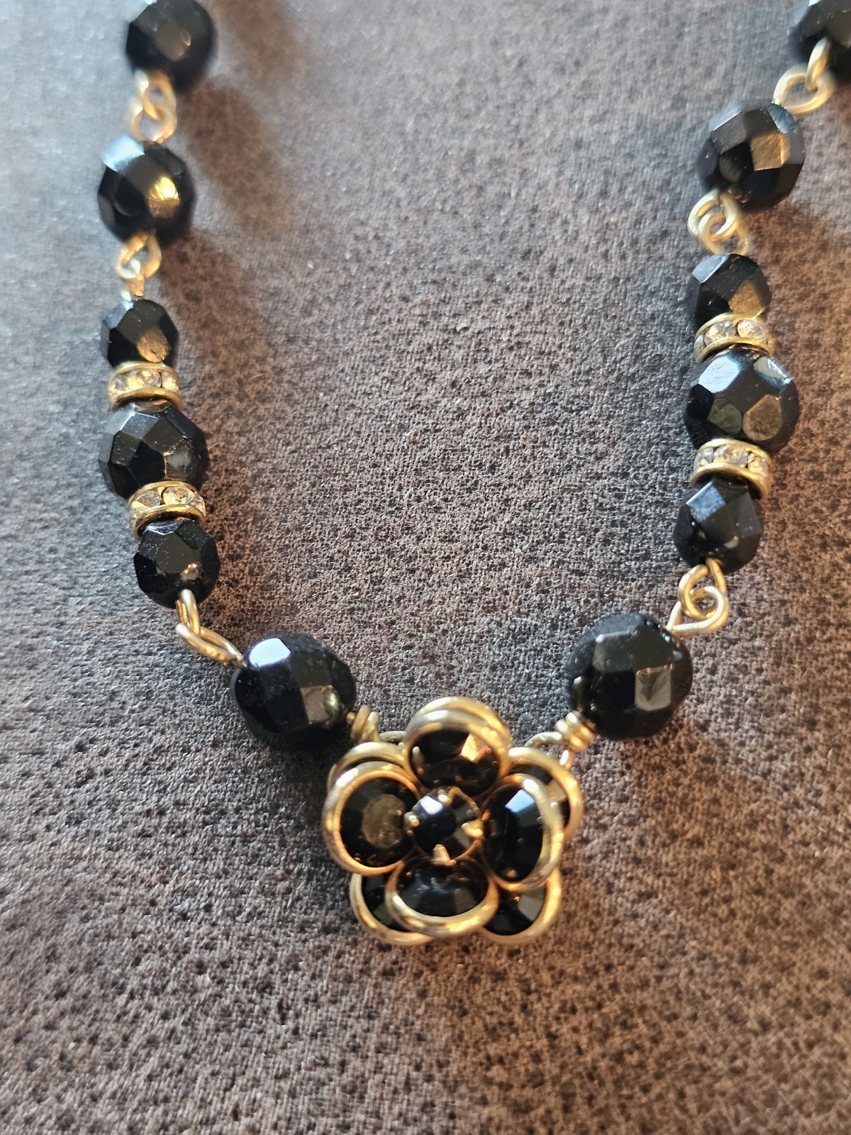 Gold Filled Beaded Black Collar Black and Gold Choker Necklace With Flower