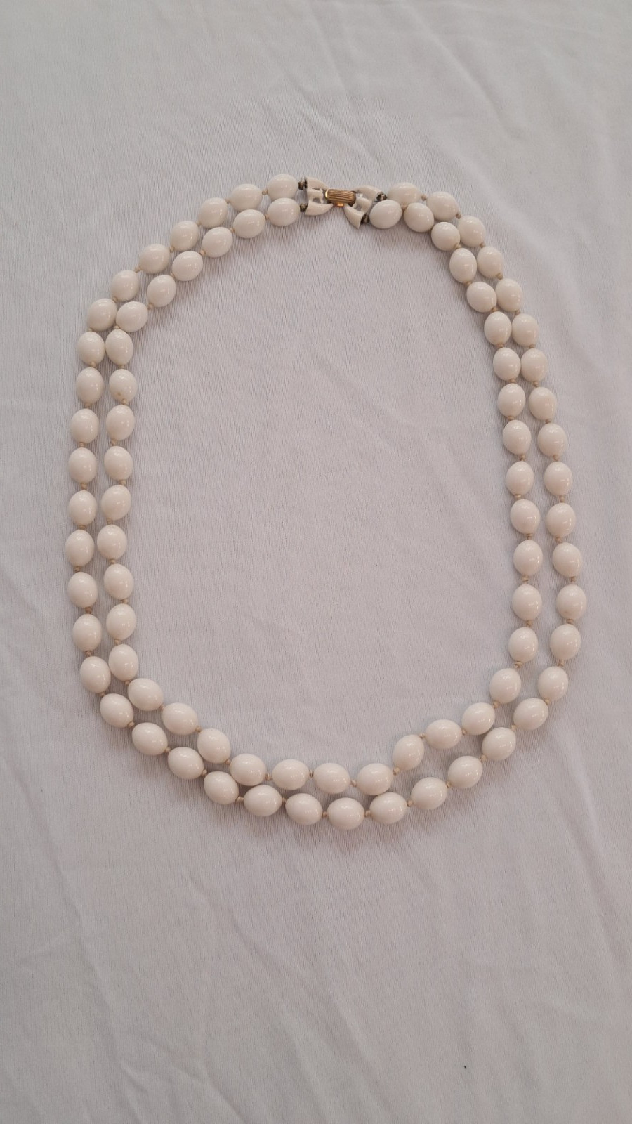 CROWN TRIFARI Vintage Double Strand White Bead Necklace Signed Jewelry Lucite