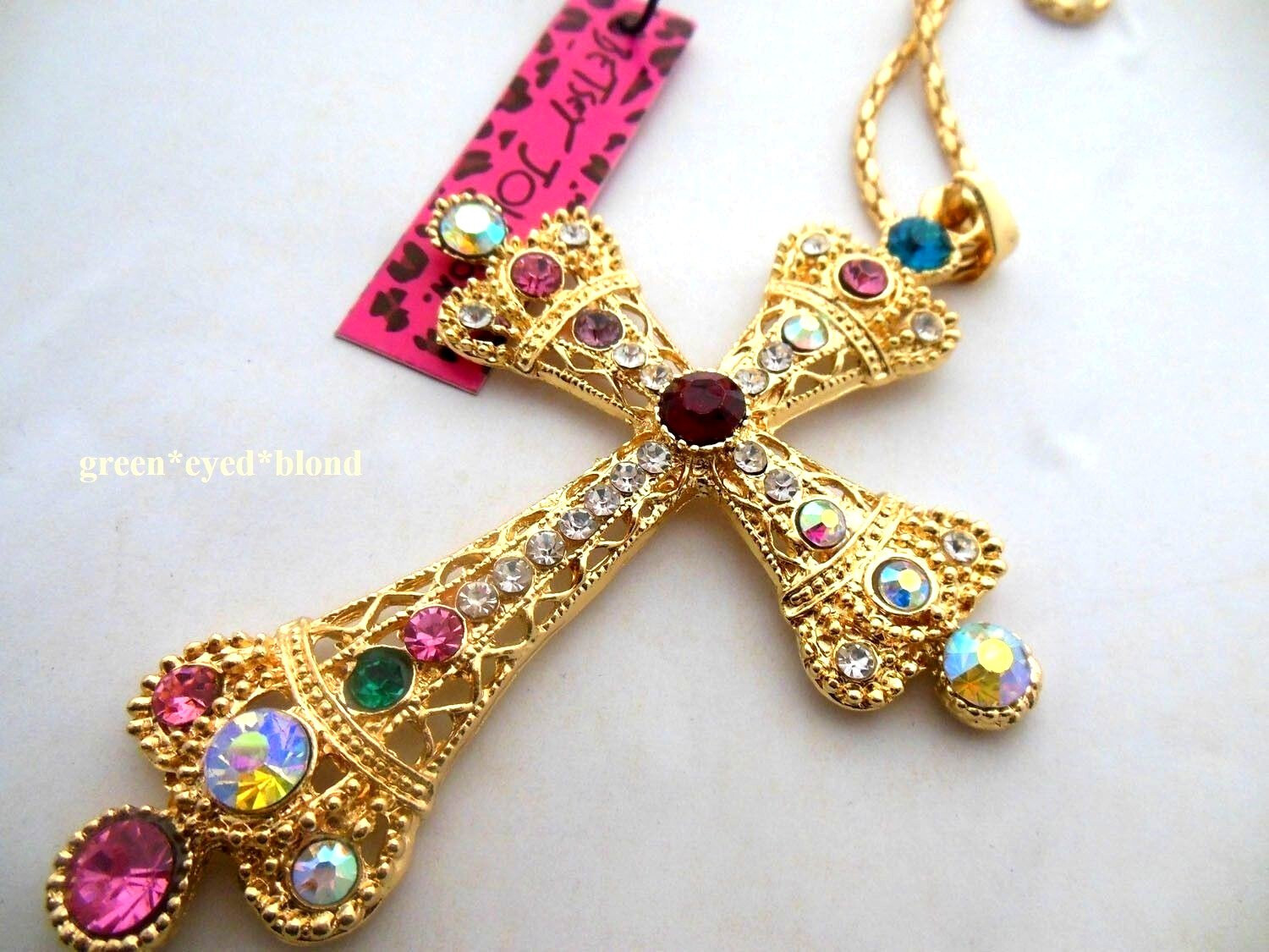 Betsey Johnson Gold Multicolor Crystal Cross Necklace/Pin NWT Blue Pink Green