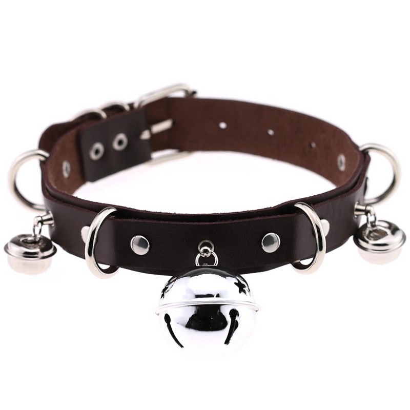 Womens Necklace Bondage Punk Gothic Choker Bell Collar Chain PU Leather