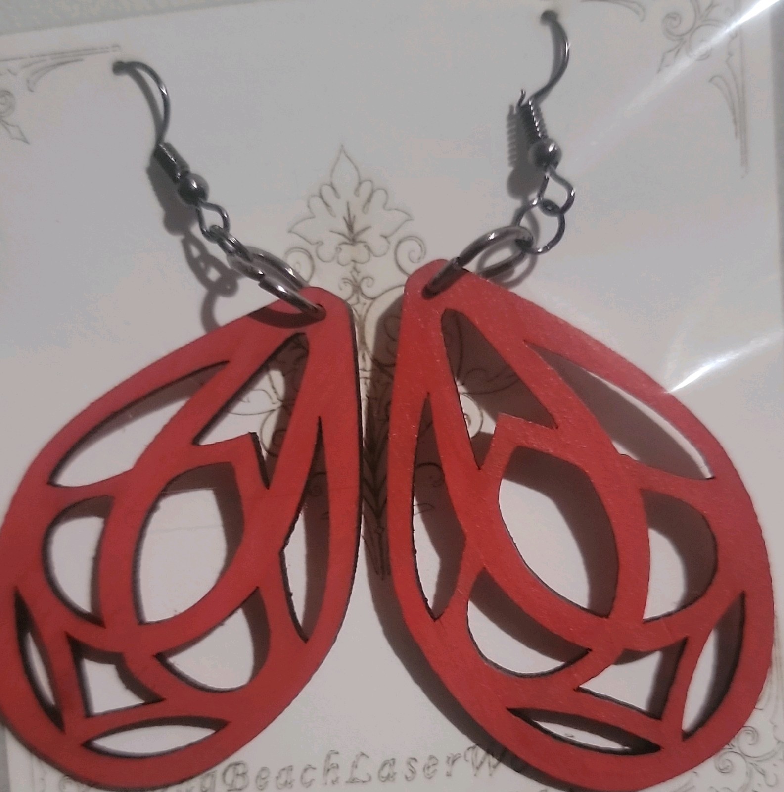 Red Wooden Teardrop Cutout Dangle/Drop Hook Earrings, No Stone