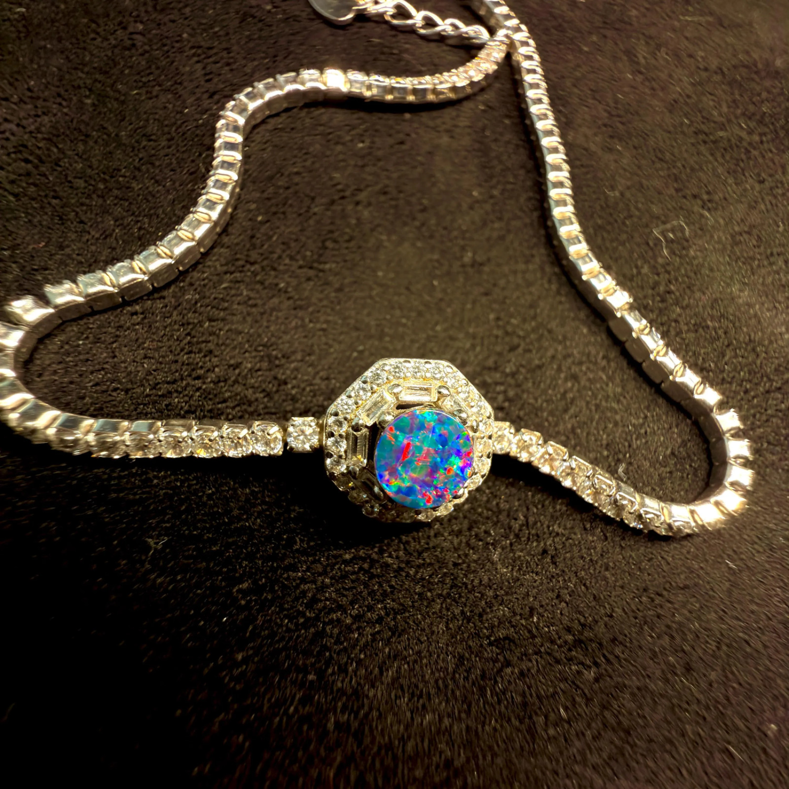 Natural Doublet Opal Tennis Bracelet, 925 Sterling Silver Cz Adjustable Jewelry