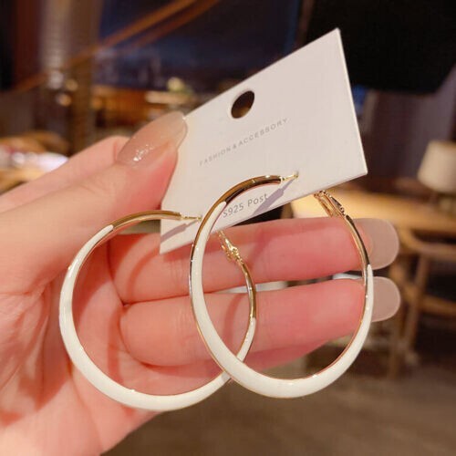 Awesome New Yellow Gold Plated White Enamel Accented Round 2″ Hoop Earrings