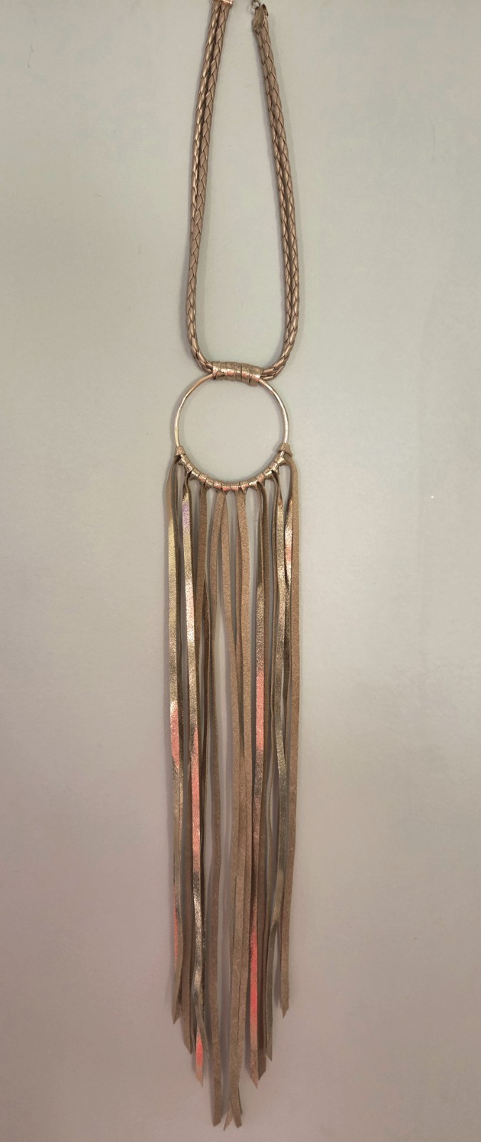 Gold Tone Faux Leather Cord Necklace Fringe Tassel Round Pendant Toggle 24″