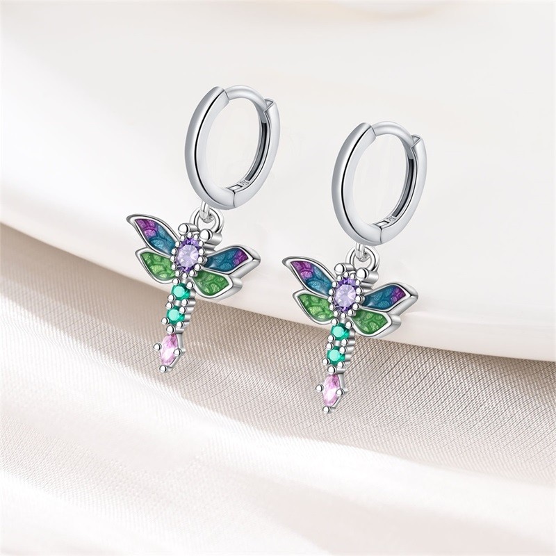 PANDACH 925 Sterling Silver Tiny Dragonfly Drop Earrings For Women Mini Hoops