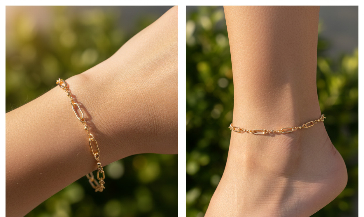 Stylish 18K Gold Tone Anklet Mixed Paperclip & Textured Round Link Chain Design