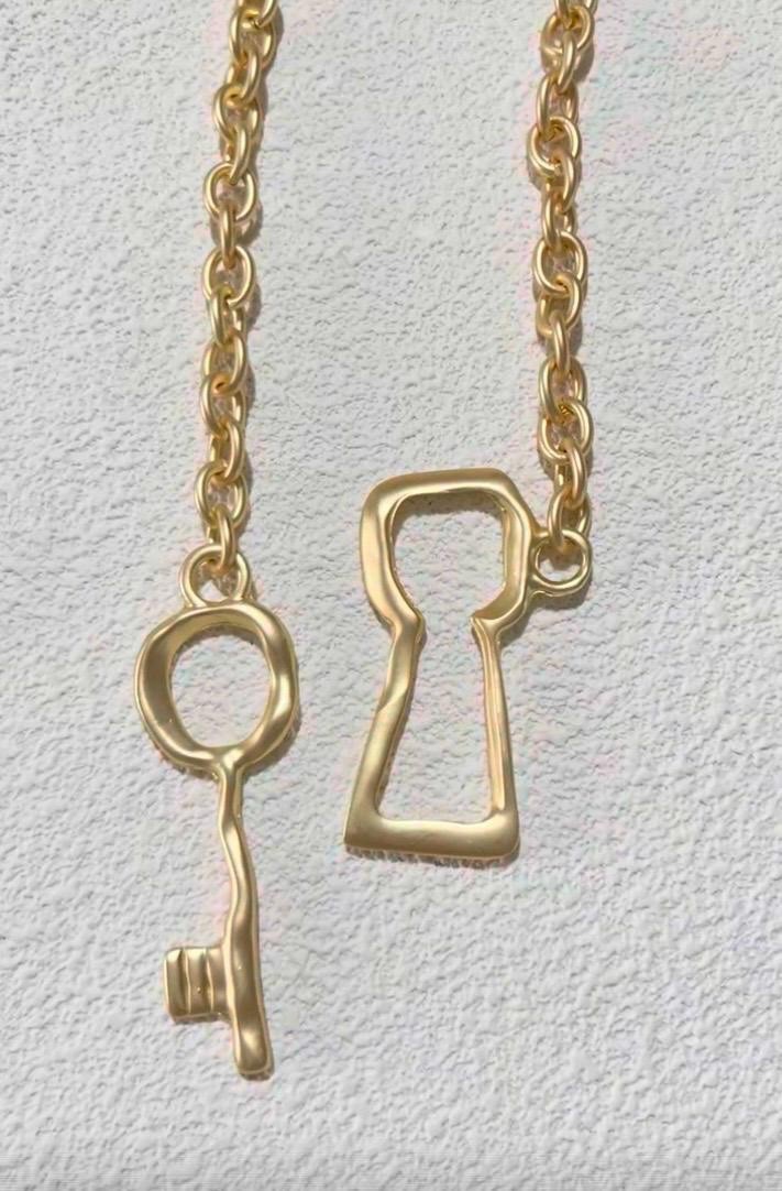 Gold Plated Satin Finish Key Pendant Necklace Vintage Style Statement Jewelry