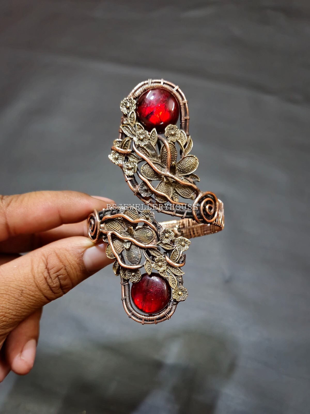 Beautiful Double red Labradorite Gemstone Bracelet Cuff Wire Wrapped Bangle Gift