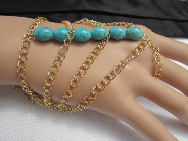 WOMEN GOLD FASHION JEWELRY HAND CHAINS TURQUOISE BLUE BEADS BRACELET SLAVE RING