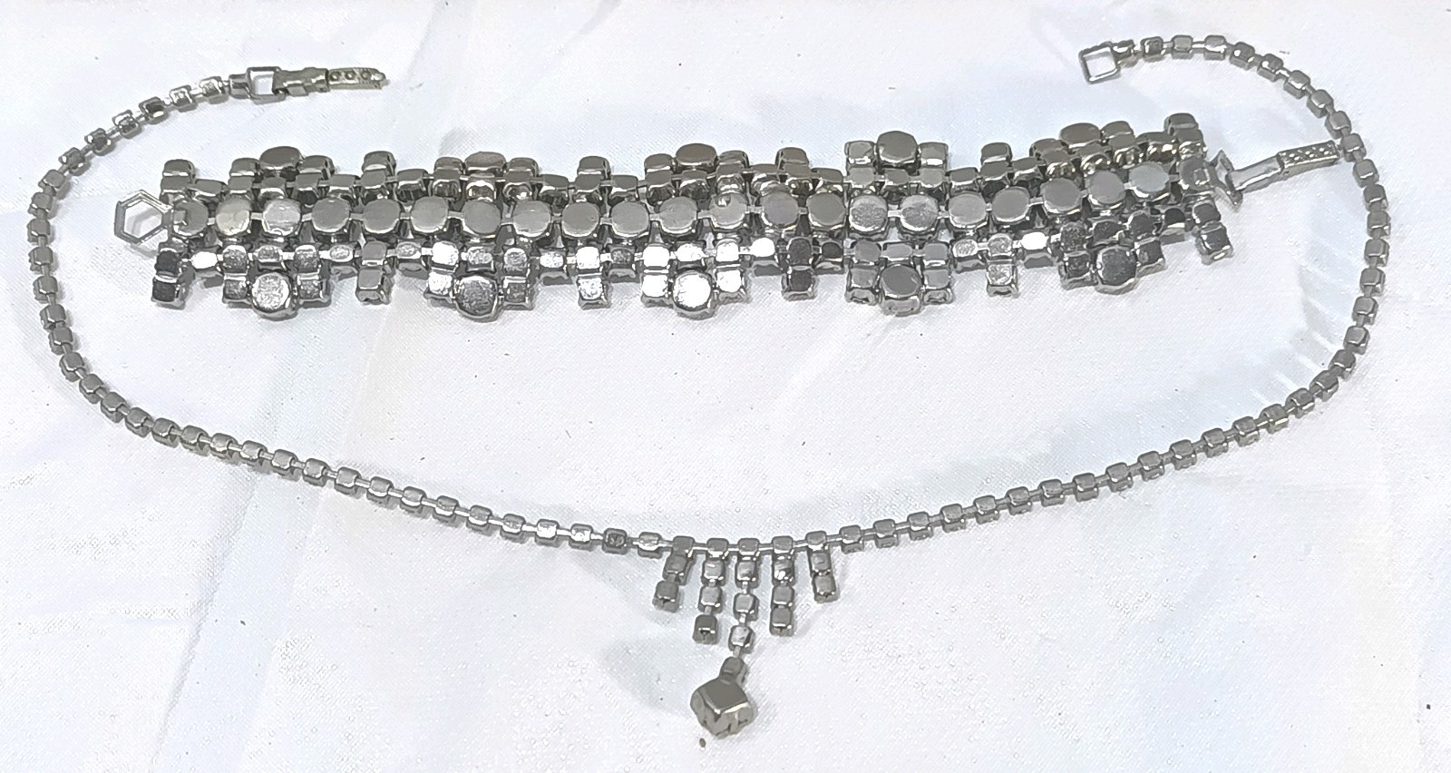 Vintage 1950s Clear Rhinestone Drop Fringe Necklace Choker 15″ & Bracelet 7″ Set