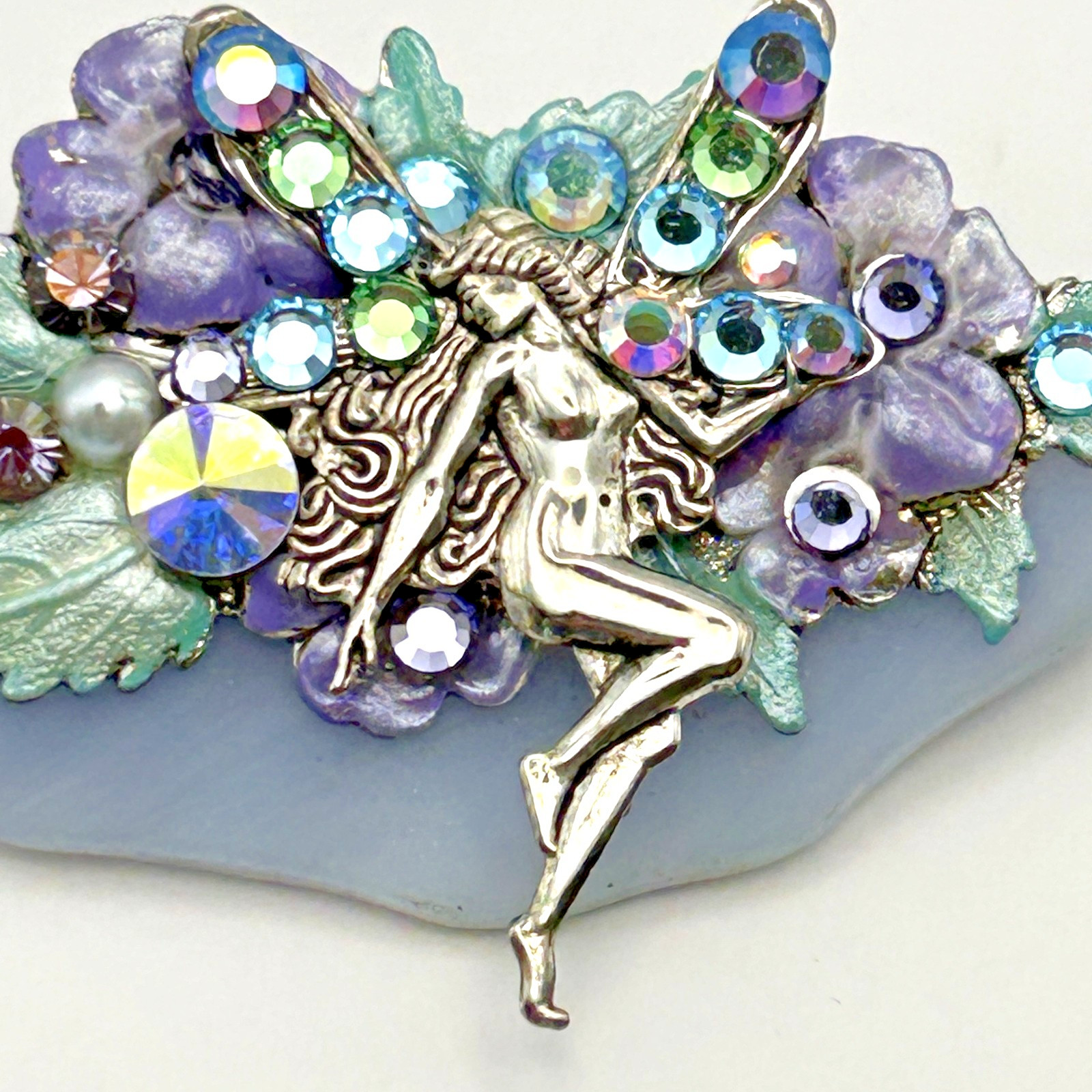 Fantasy Fairy Brooch AB Rhinestone Wings Flowers Leaves Whimsical Jewelry 2.5in