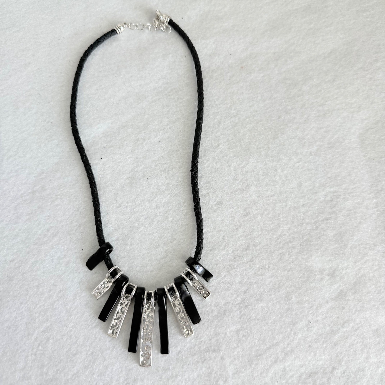 Two VTG Black Cord Statement Necklaces Silver Tone Filigree & Fringe Pendants