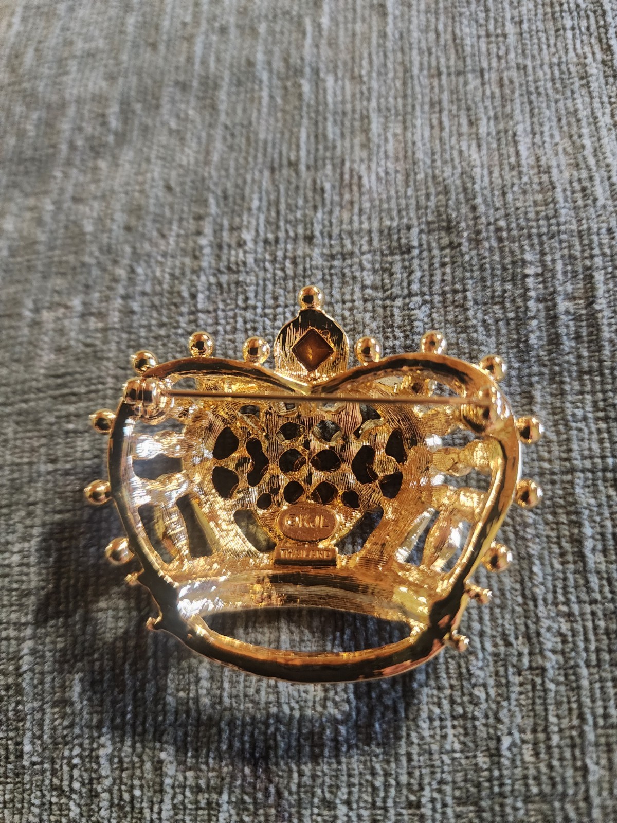 KJL Crown Brooch Gold Tone Multicolor Rhinestone Red Green Blue Thailand