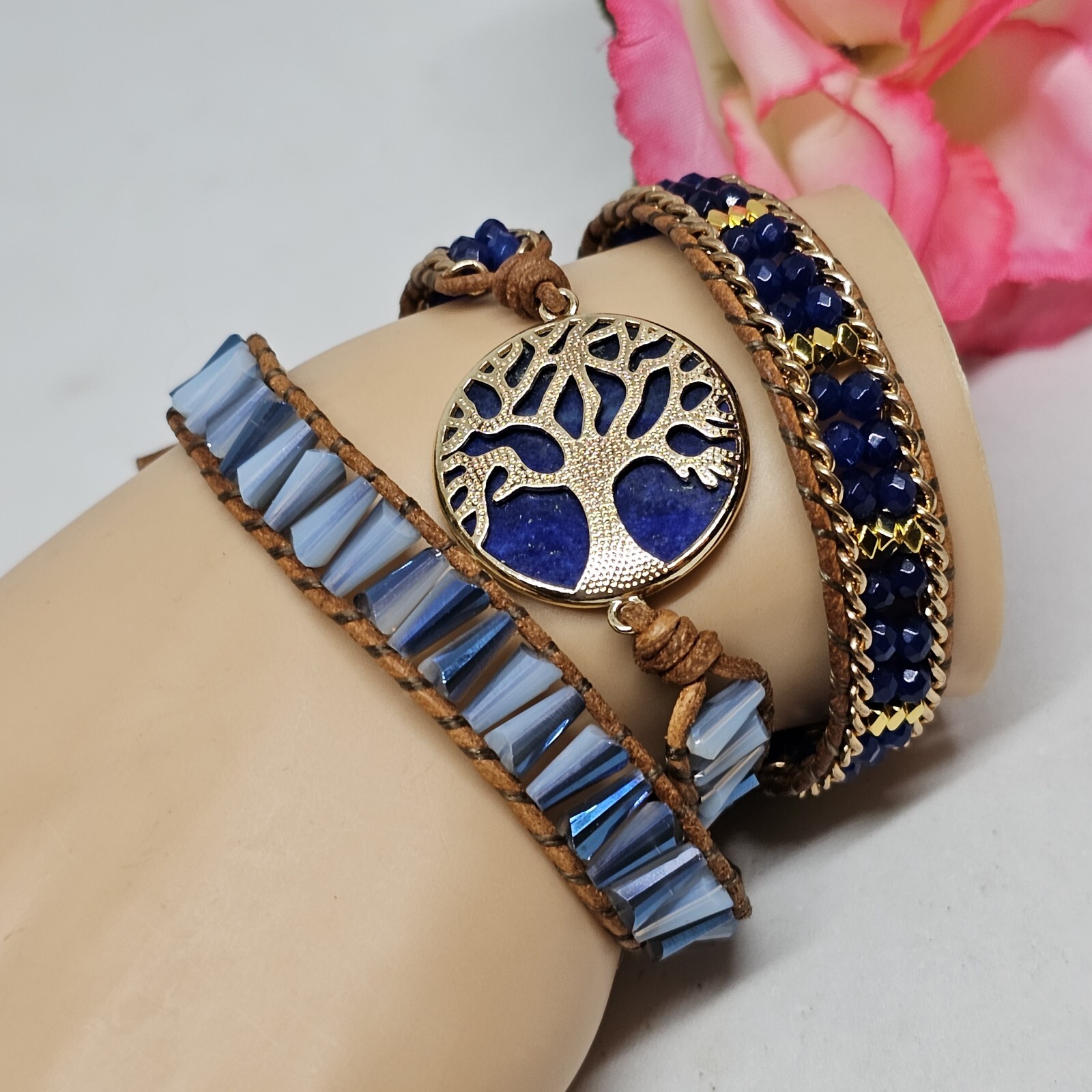 Blue Lapis Lazuli Tree of Life Bracelet Gold Crystal Braded Wrap Leather Boho