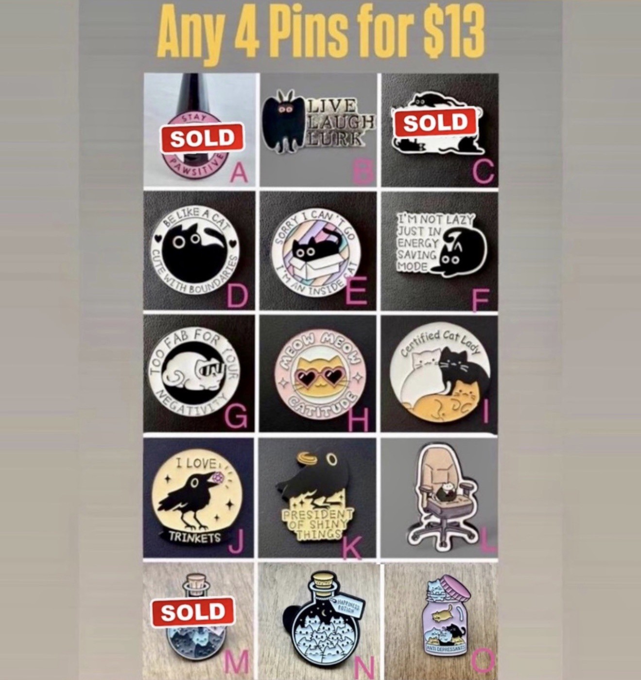🐈‍⬛ Any 4 Enamel Pins For $13 ~ Cats, Crows, Birds 🐦‍⬛