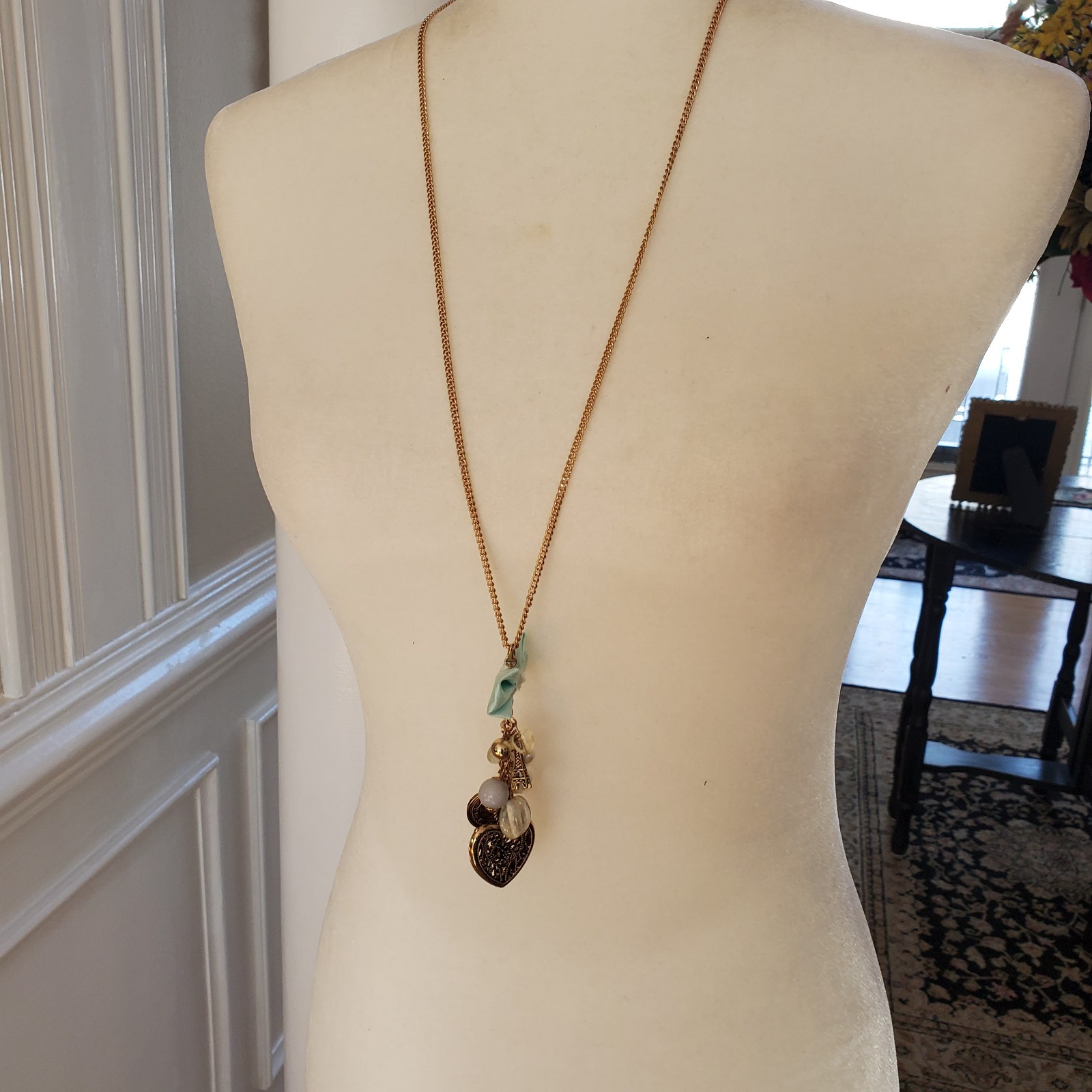 Paris Icons Long Necklace Goldtone – Musee d’Orsay Clock & Eiffel Tower – Heart