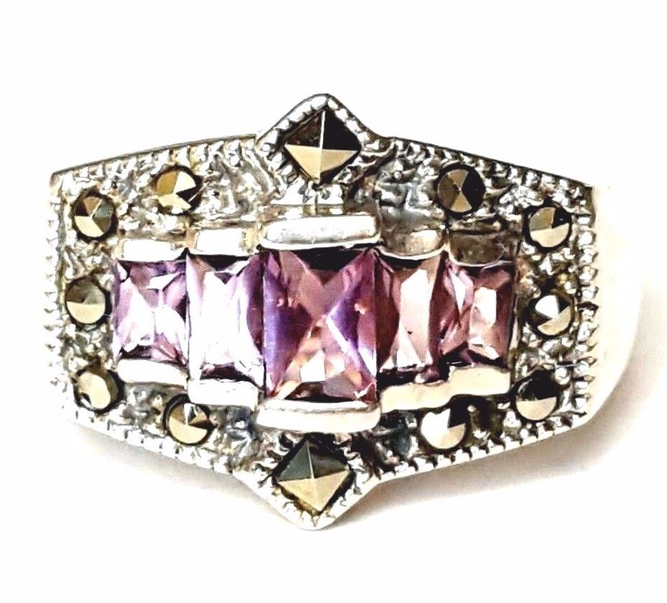 (SIZES 6,7,8,9) AMETHYST Stones RING Marcasite .925 STERLING SILVER