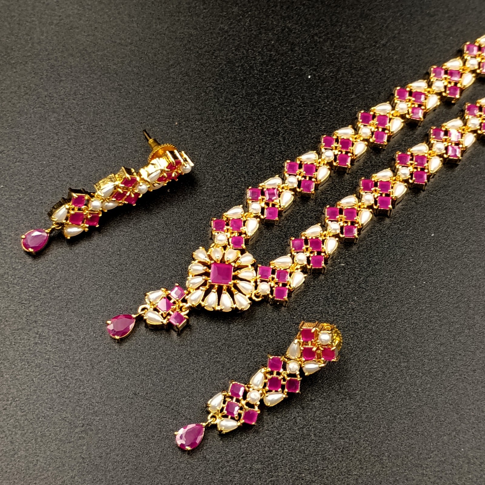 Ruby Pearl Jewelry Set 22K Gold Plated Necklace Earrings Set Wedding Partywear G