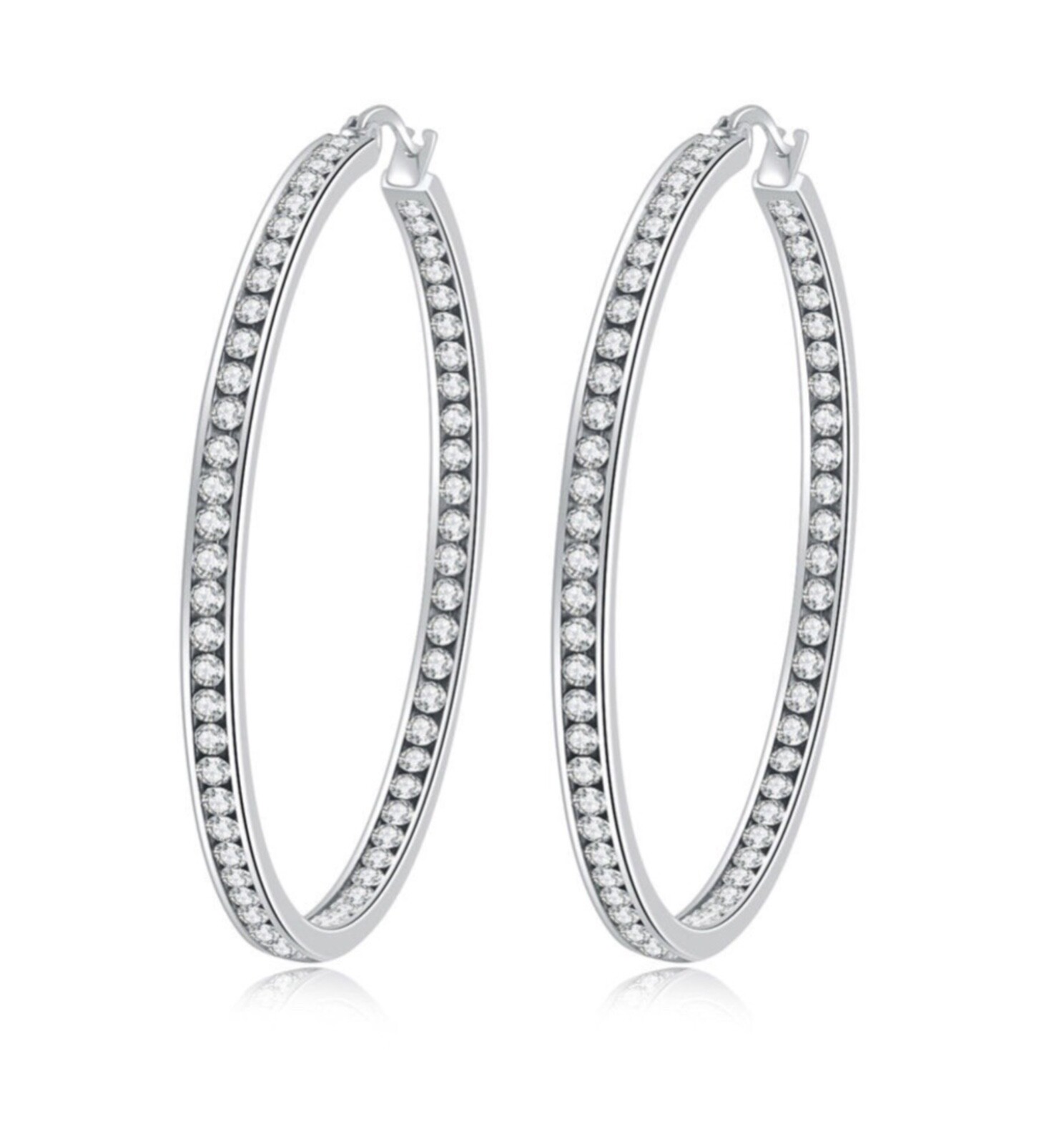Stainless Steel Silver-Tone White Crystals Classic Hoop Earrings 1.00in Diameter