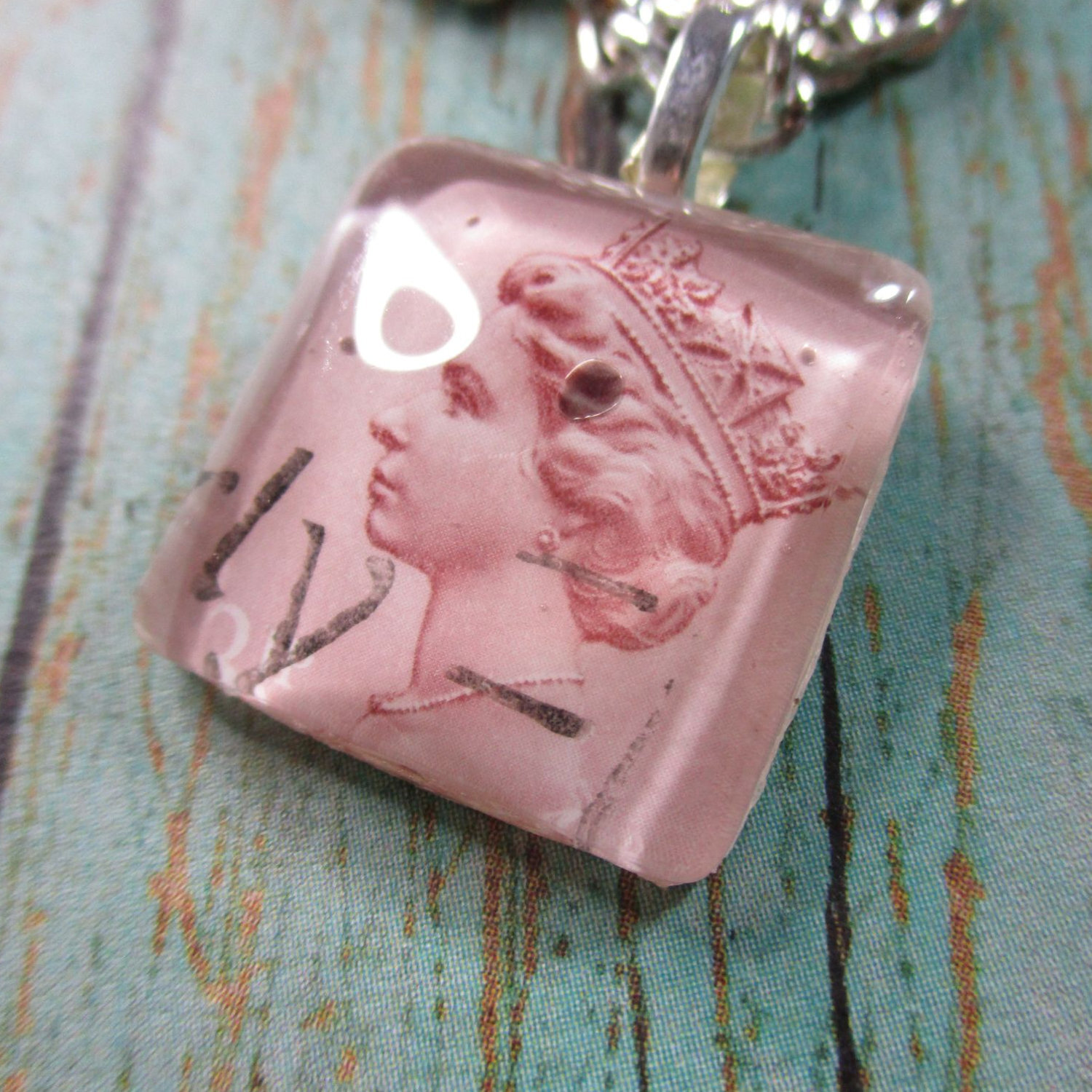Handmade Authentic Postmarked Queen Elizabeth Postage Stamp Glass Tile Necklace