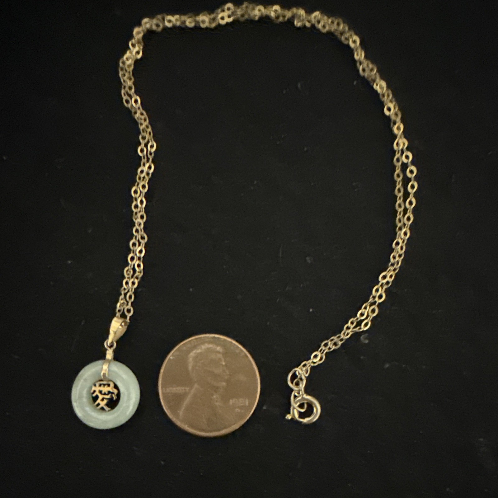 14k Gold & Jade “Good Luck” Pendant, 16“ gold tone chain