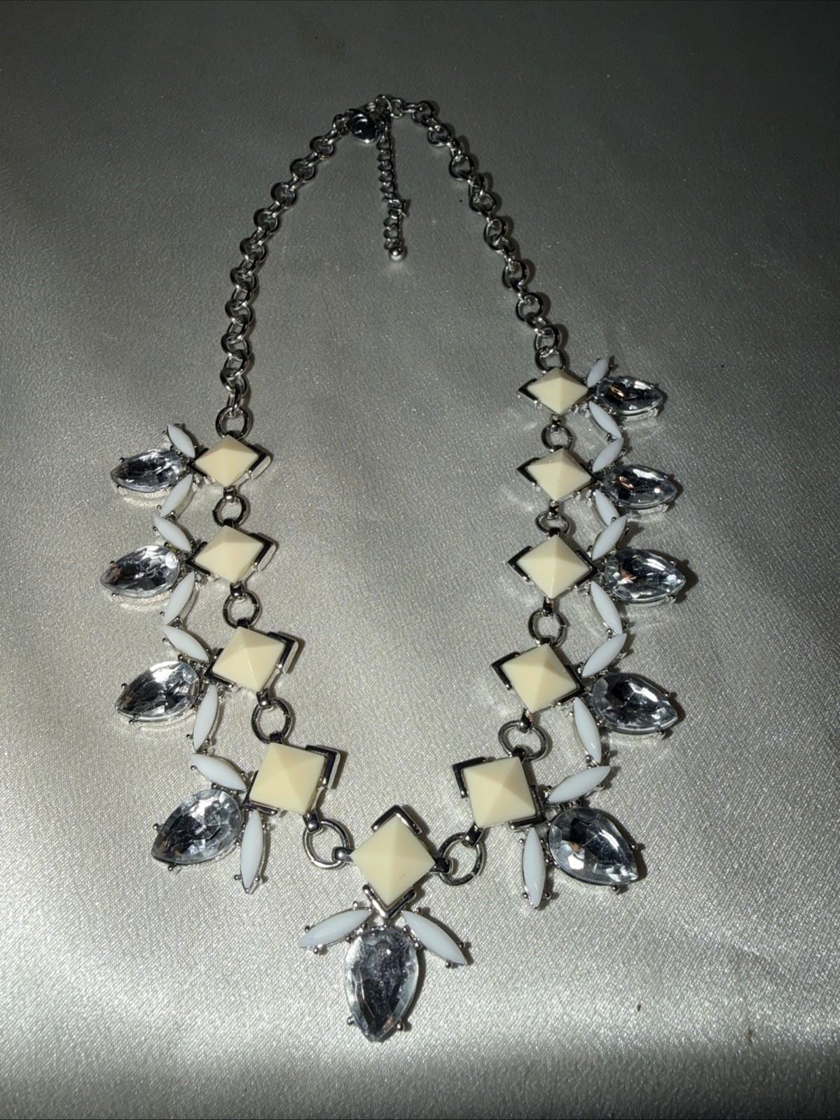 Charming Charlie Fashion Necklace, Silver Colored, And Rhinestones 16 Inch Adj.