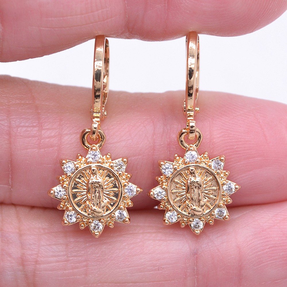 18K Yellow Gold Filled Women Green Topaz Fancy Flower Virgin Mary Drop Earrings
