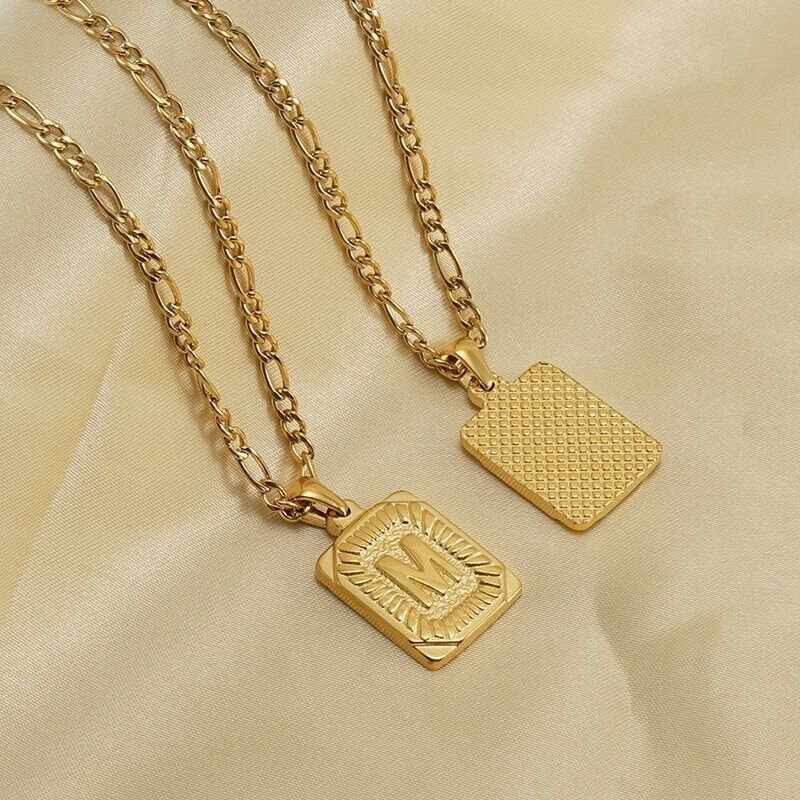 18″ Gold Plated Initial Letter Pendant Necklace Stainless Steel Figaro Chain New