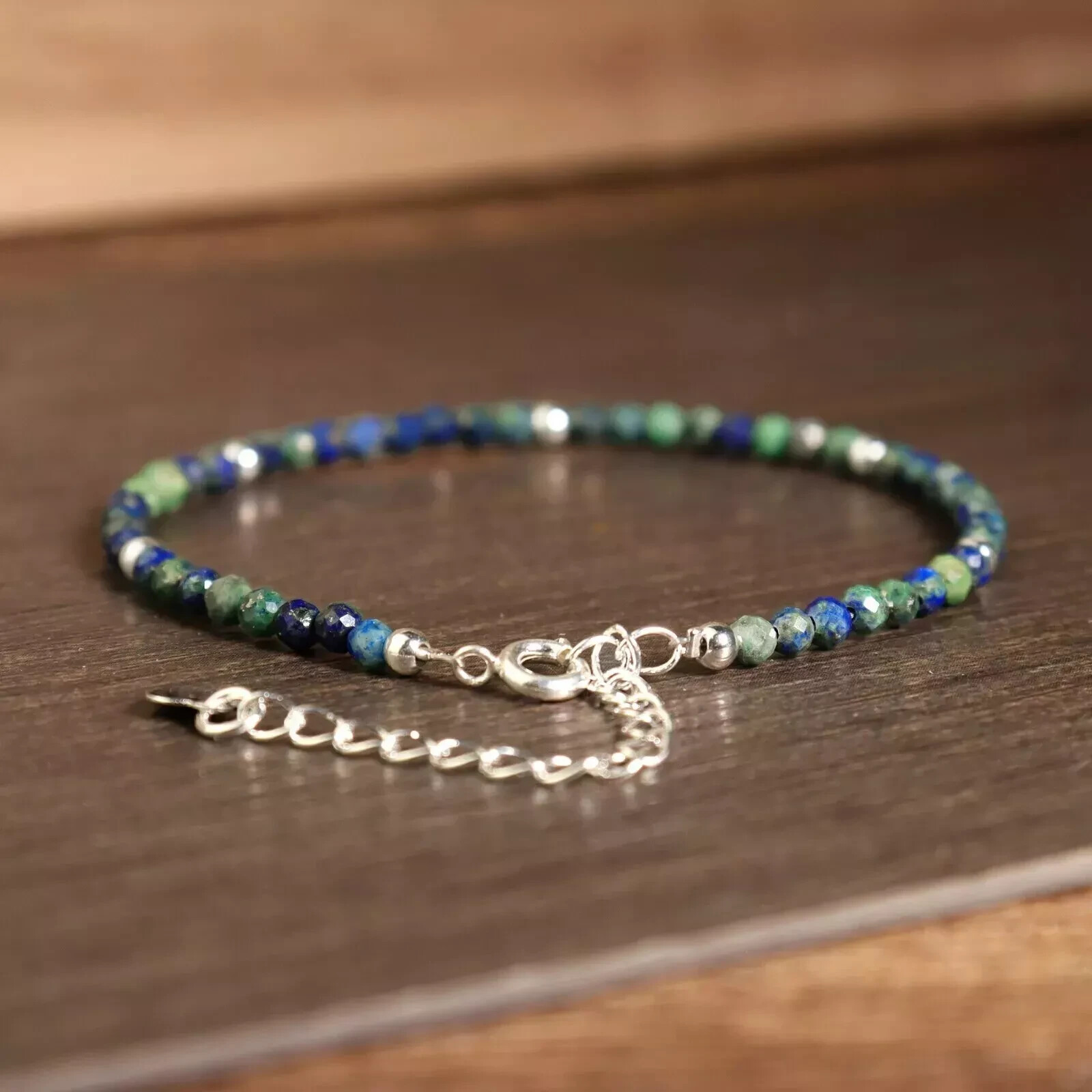 Azurite Crystal Gemstone Dainty Bracelet Minimalist Healing 2mm Faceted Beads