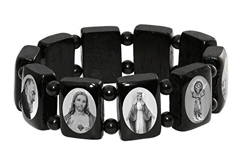 Saints Bead Bracelet, Black Wood Stretch Religious Catholic Icons, Black & White