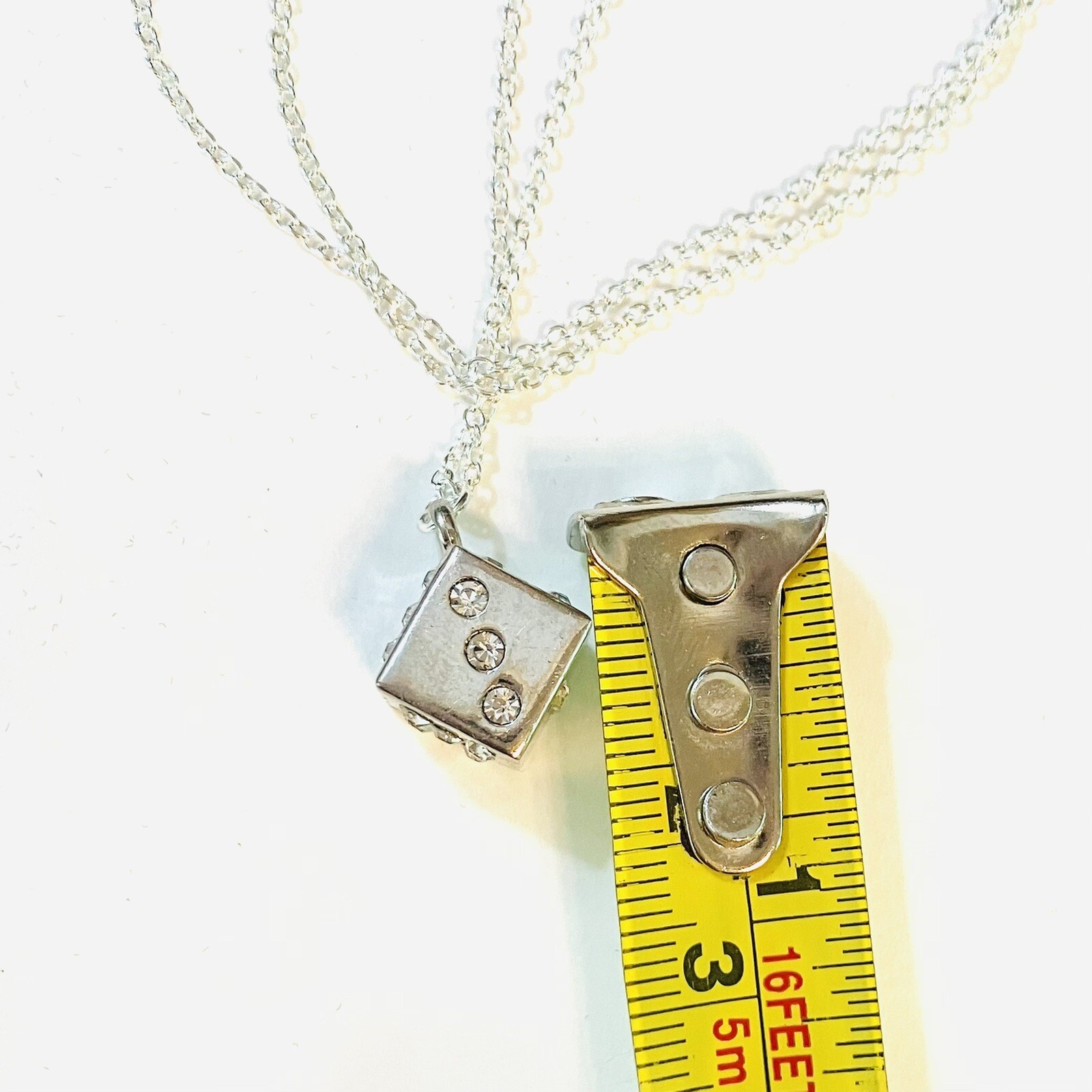 Silver Rhinestone Crystal Encrusted Dice Pendant Necklace on 18” Silver Chain