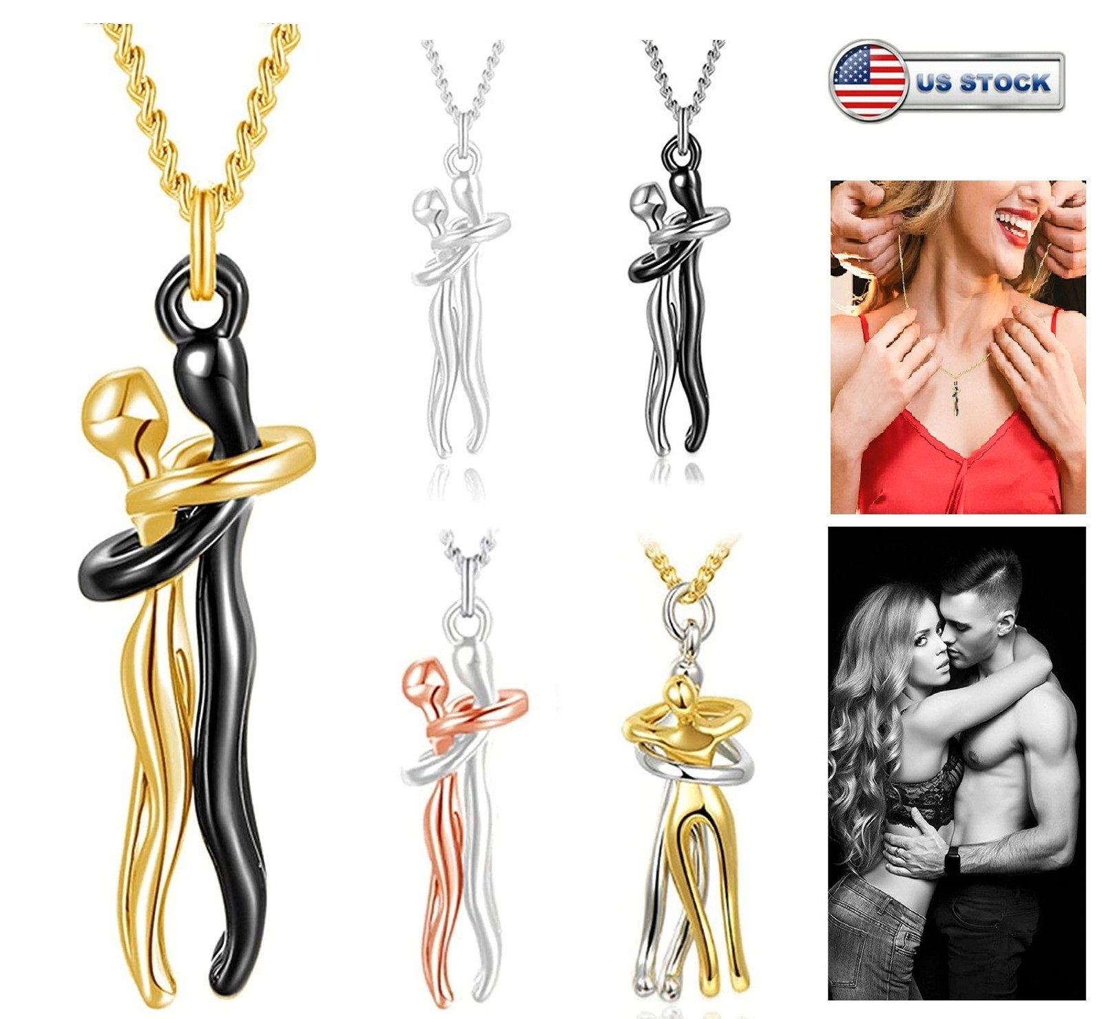 Love Hug Pendant Necklace Two Toned Affectionate Couple Hug Valentine’s Necklace